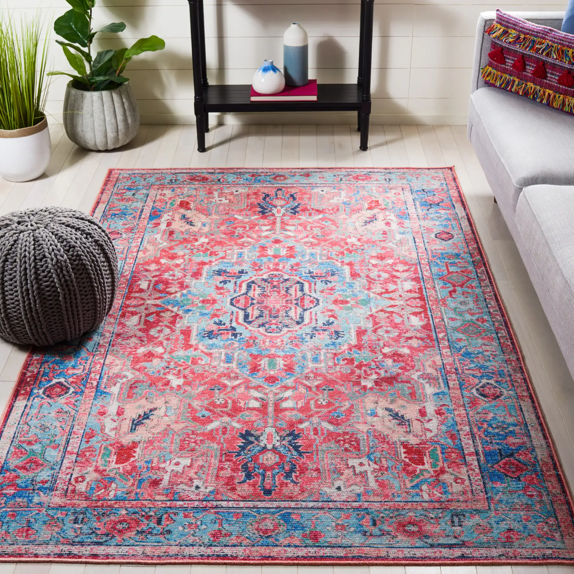 Serapi Central Medallion Washable Rug in Light Blue / Red in a styled room