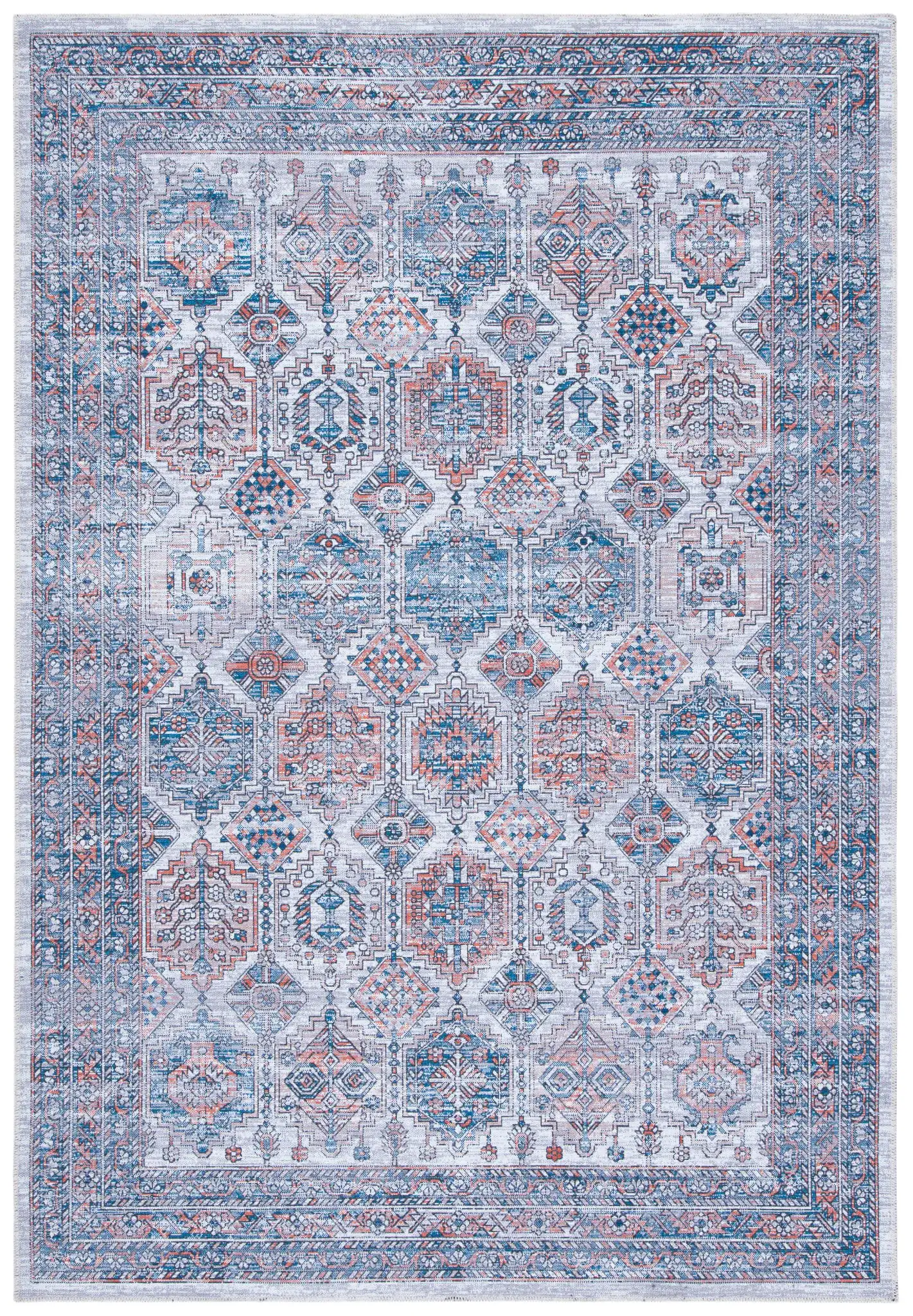 Serapi Geometric Grid Washable Rug in Ivory / Rust