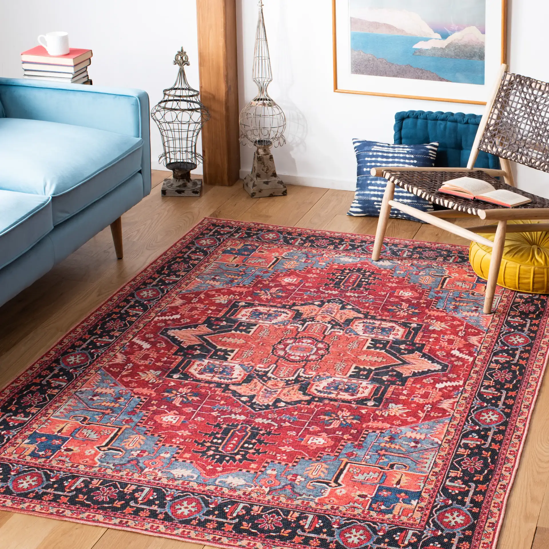 Serapi Octagon Medallion Washable Rug in Red / Blue in a styled room