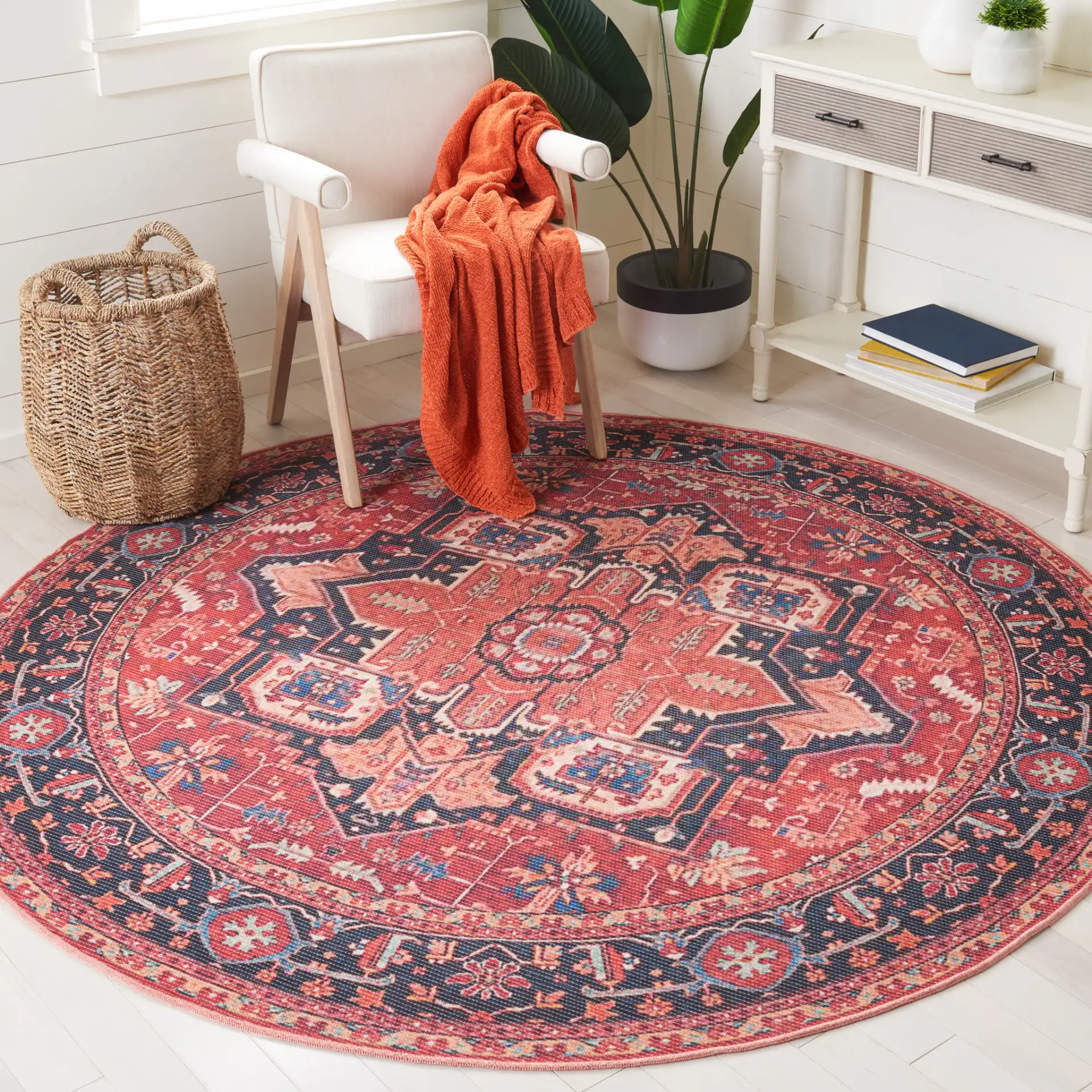 Serapi Octagon Medallion Washable Rug in Red / Blue in a styled room