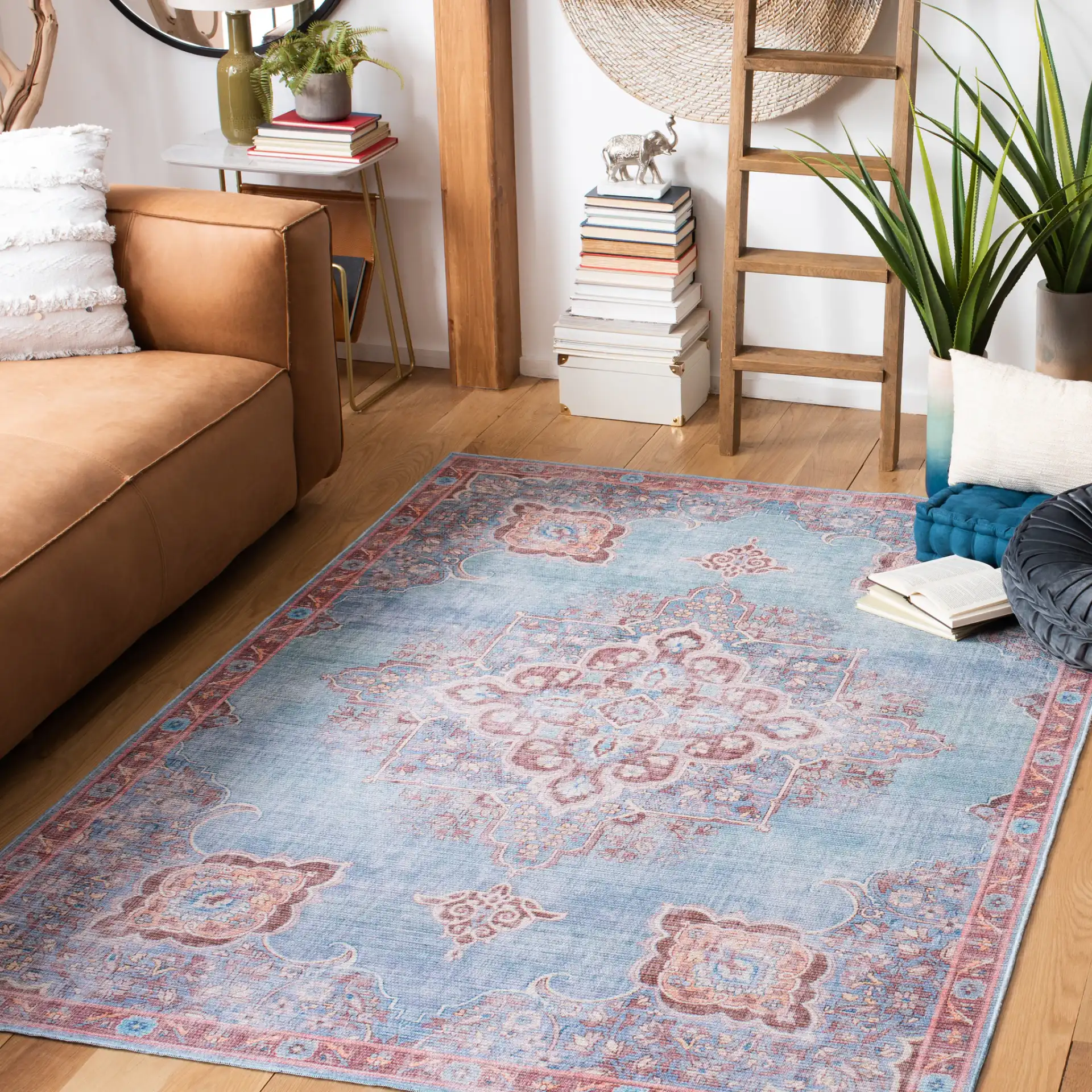 Serapi Medallion Washable Rug in Blue / Brown
