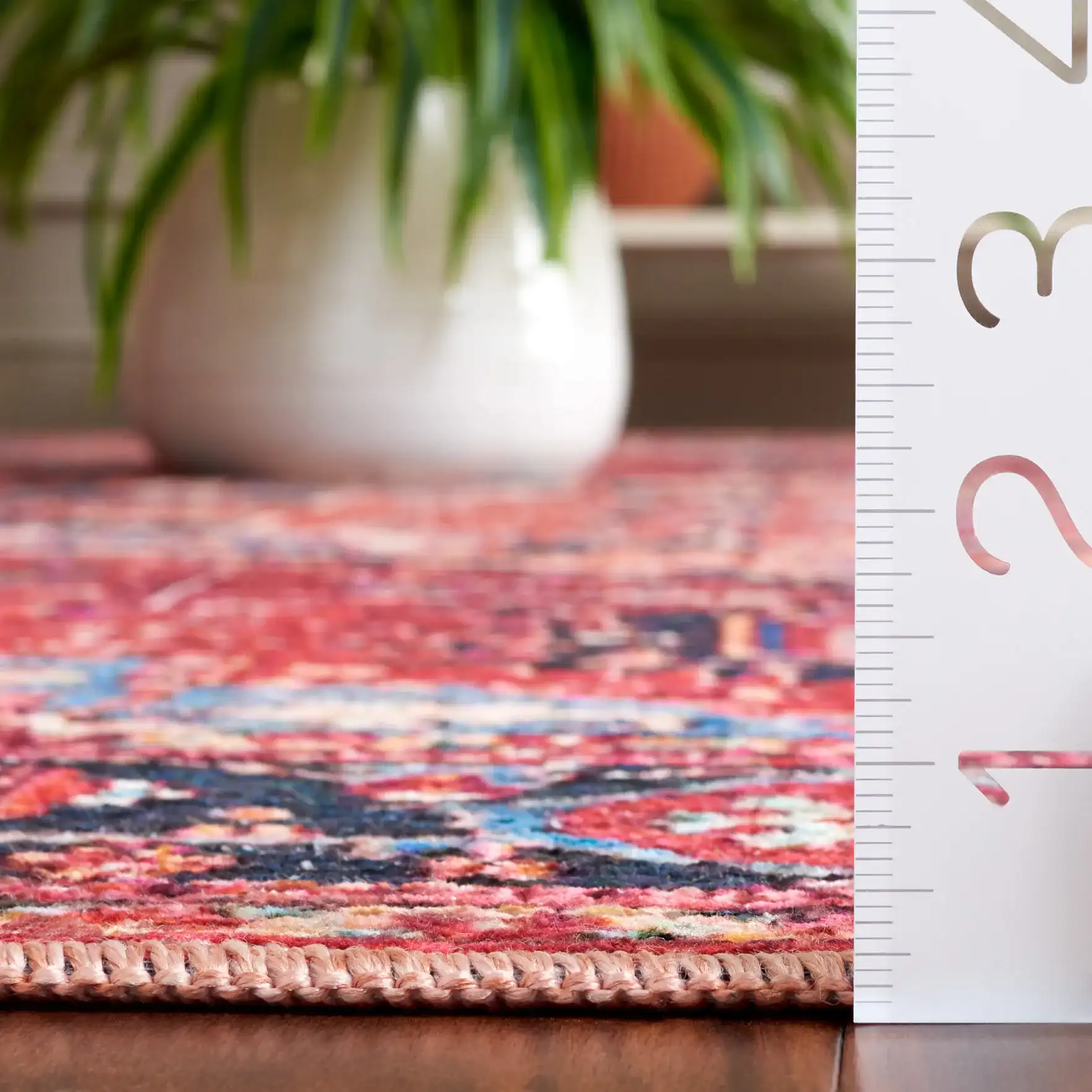 Serapi Bordered Medallion Washable Rug in Red / Blue in a styled room