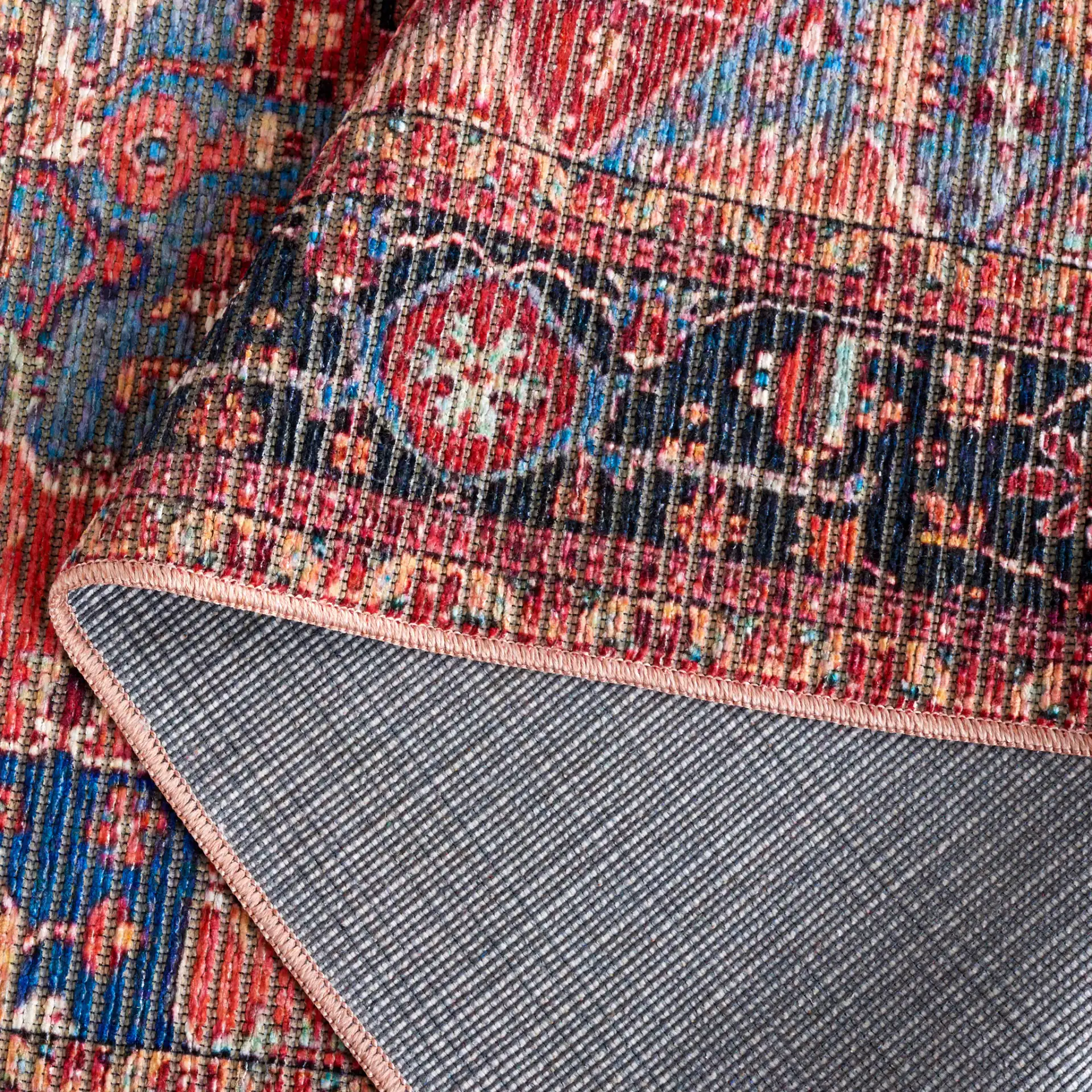Serapi Bordered Medallion Washable Rug in Red / Blue in a styled room