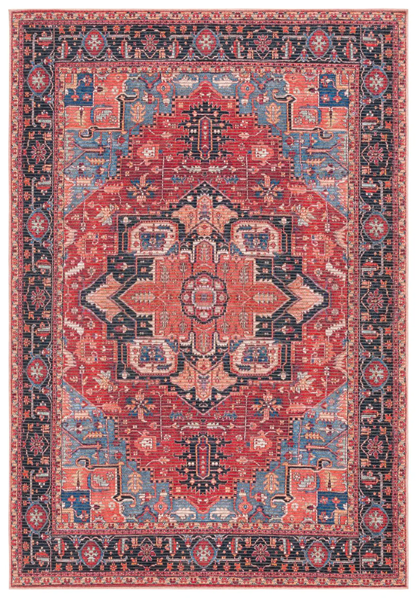 Serapi Bordered Medallion Washable Rug in Red / Blue