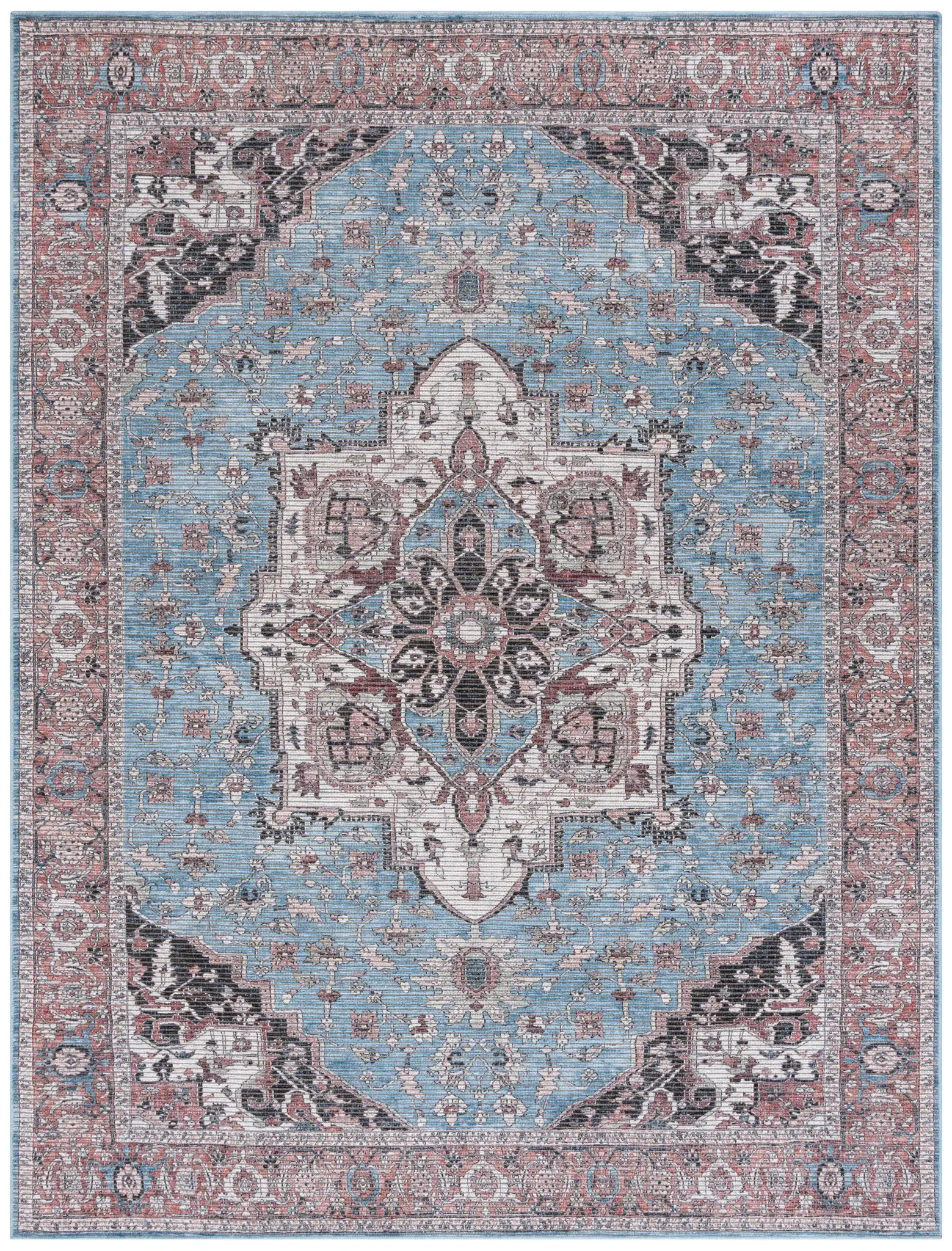 Serapi Framed Medallion Washable Rug in Blue / Rust