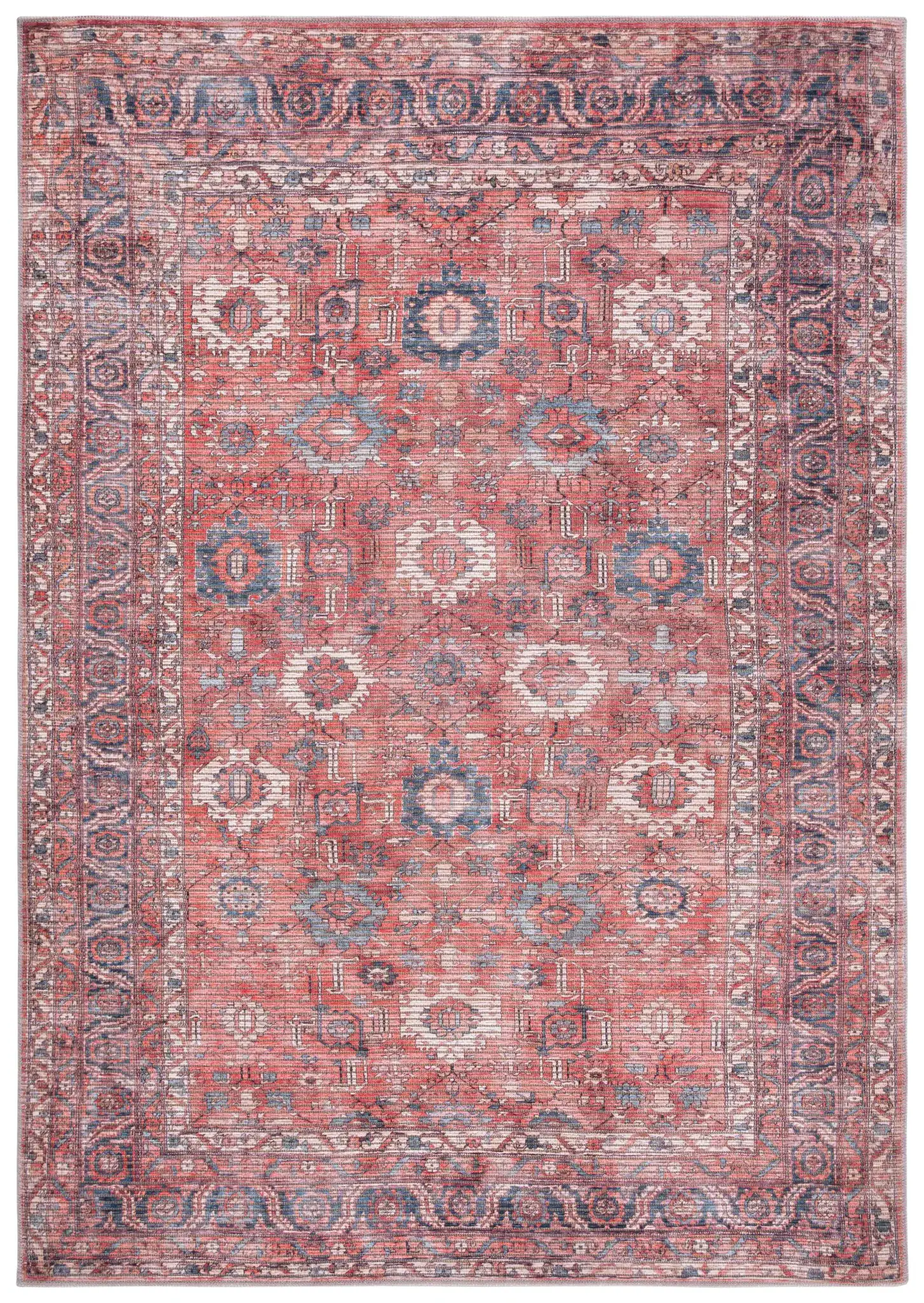 Serapi Distressed Geometric Washable Rug in Rust / Blue
