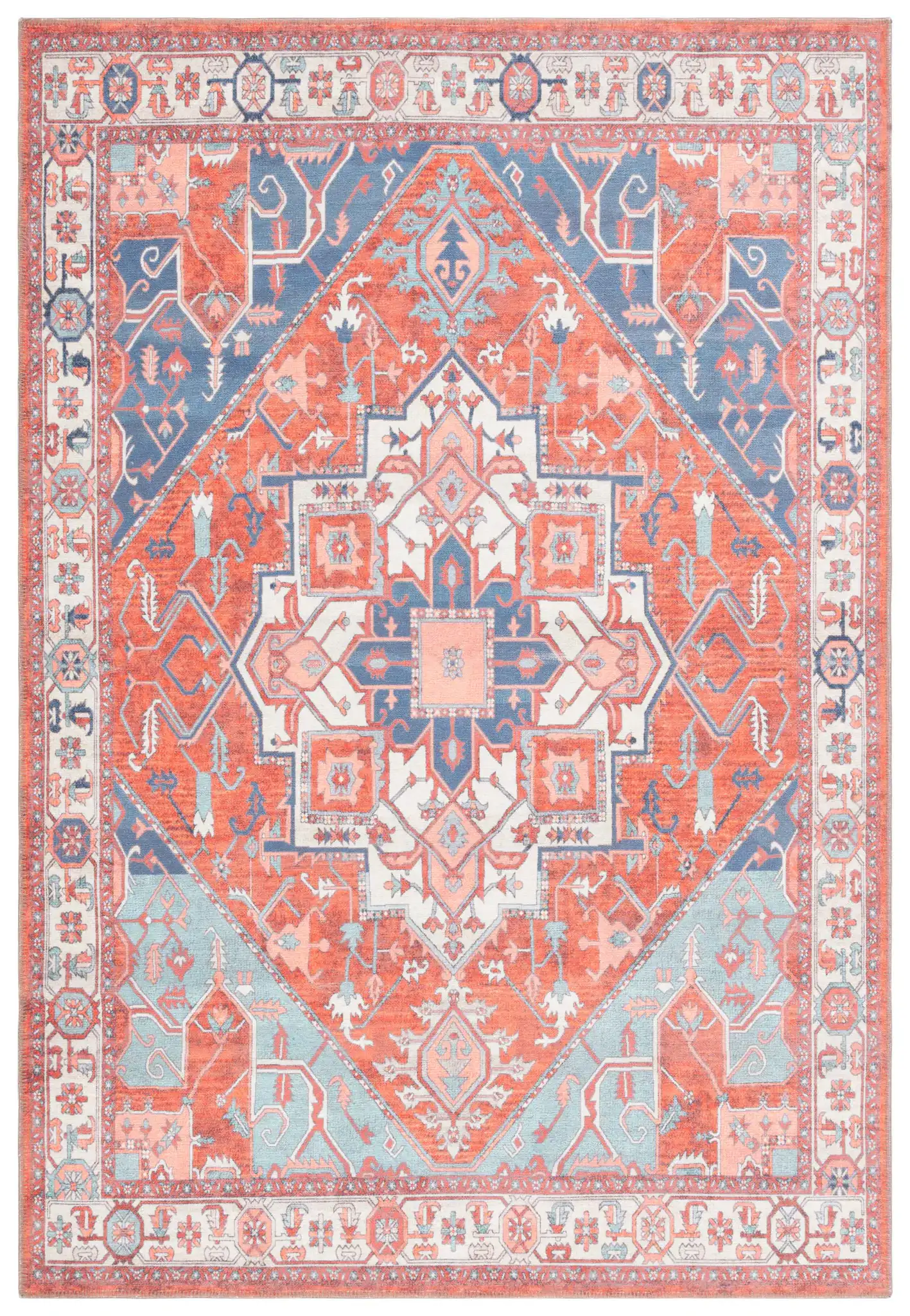 Serapi Geometric Medallion Washable Rug in Rust / Blue