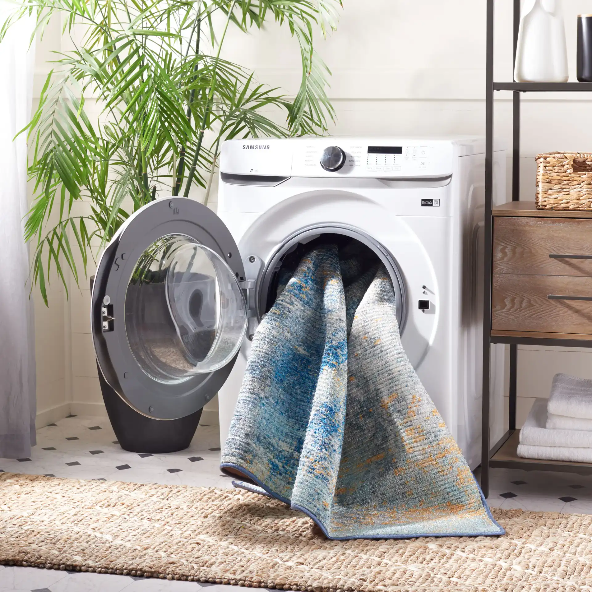 Sequoia Abstract Washable Rug in Ivory Blue / Gold in a styled room