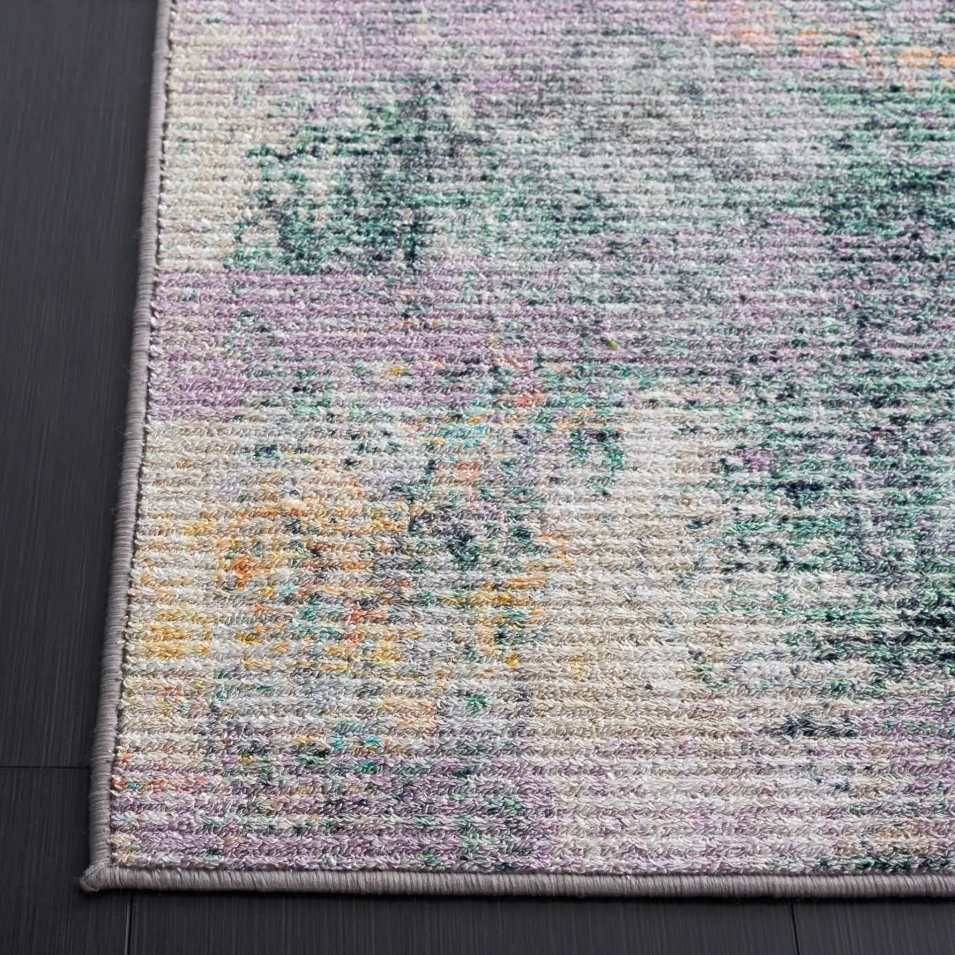 Sequoia Distressed Abstract Washable Rug in Green / Purple in a styled room