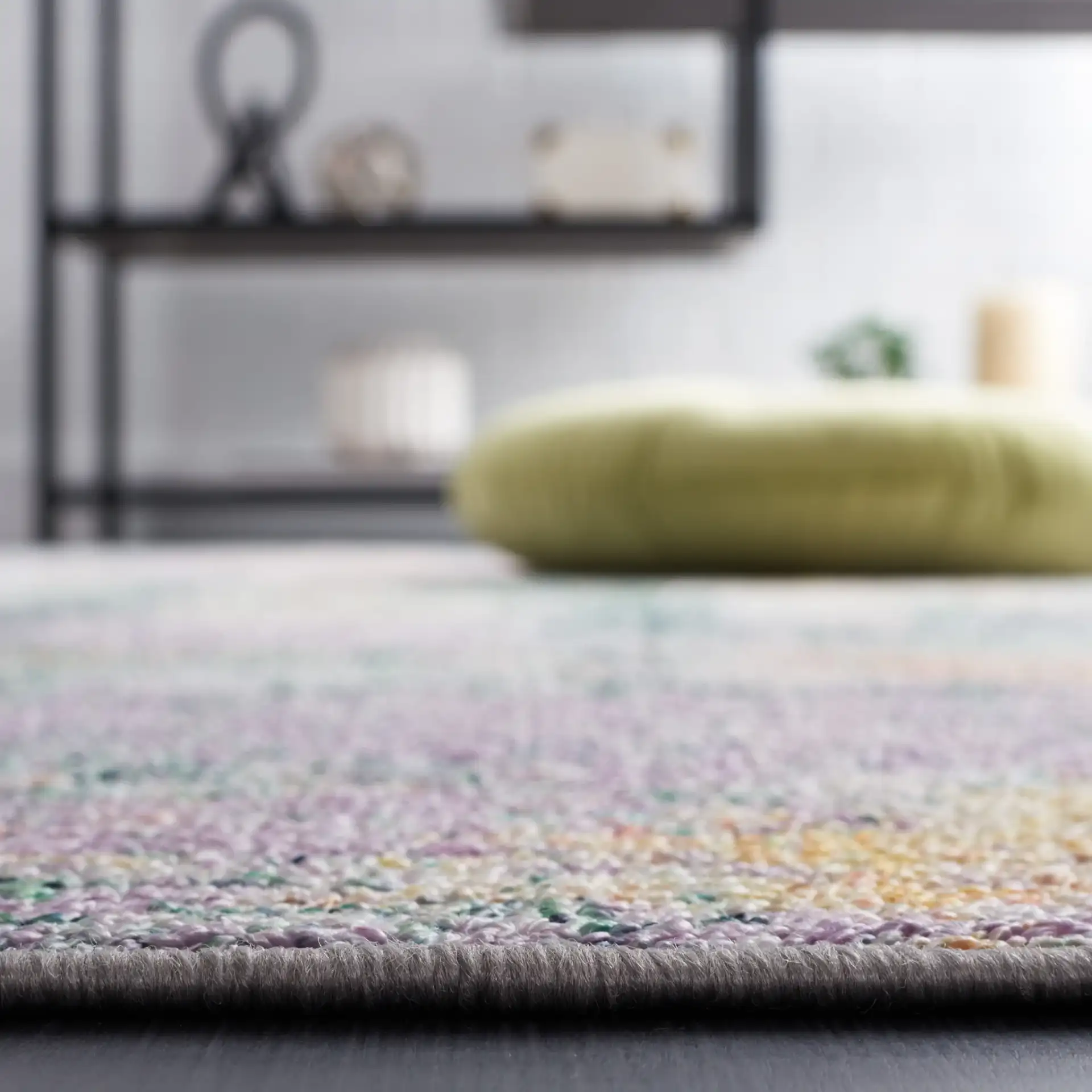 Sequoia Distressed Abstract Washable Rug in Green / Purple in a styled room