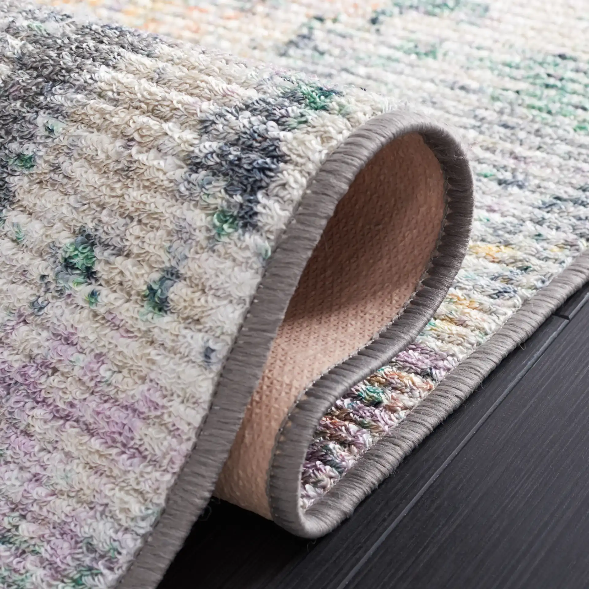 Sequoia Distressed Abstract Washable Rug in Green / Purple in a styled room
