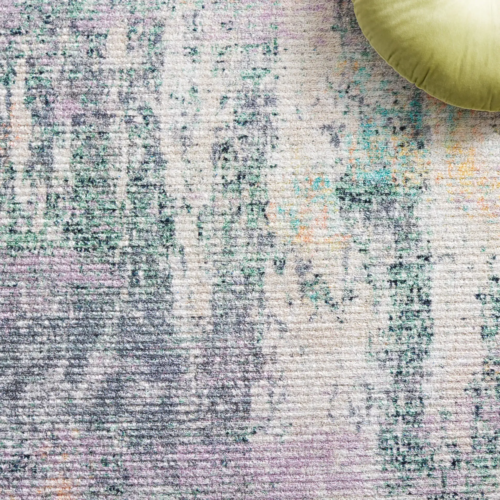 Sequoia Distressed Abstract Washable Rug in Green / Purple in a styled room