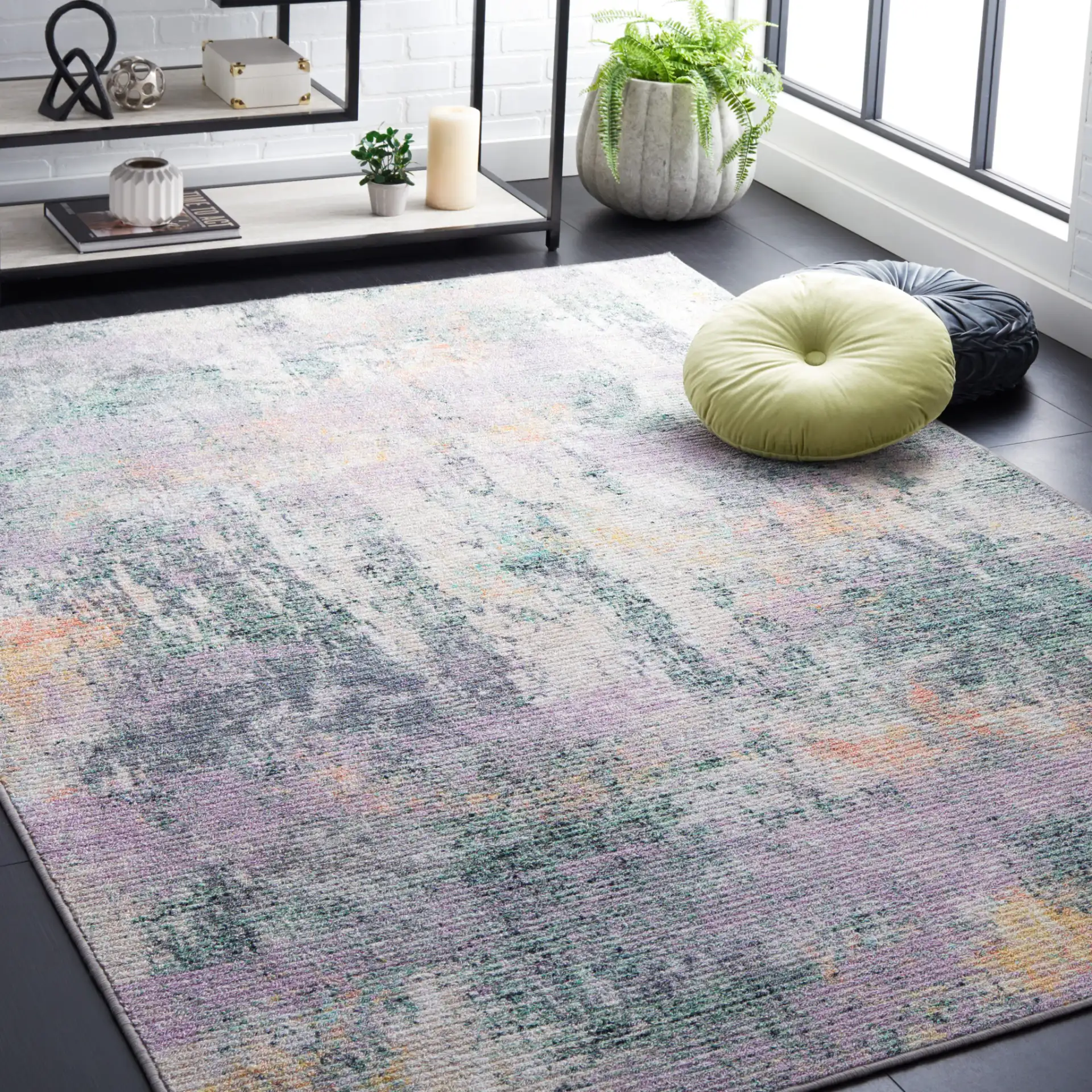 Sequoia Distressed Abstract Washable Rug in Green / Purple in a styled room