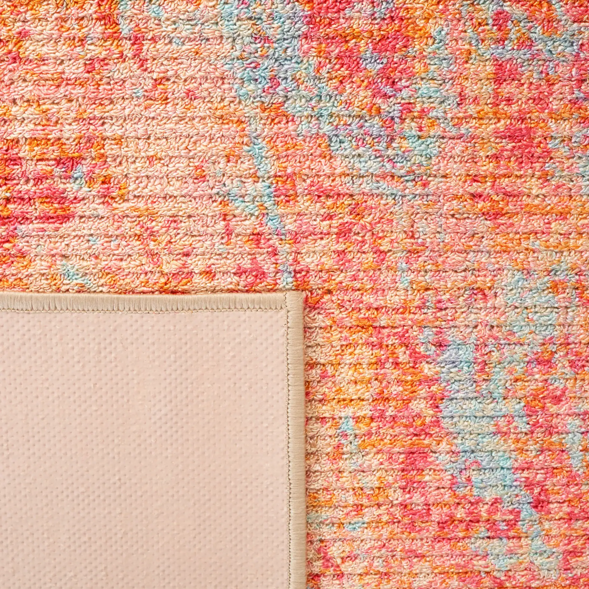 Sequoia Marble Abstract Washable Rug in Orange / Light Blue in a styled room