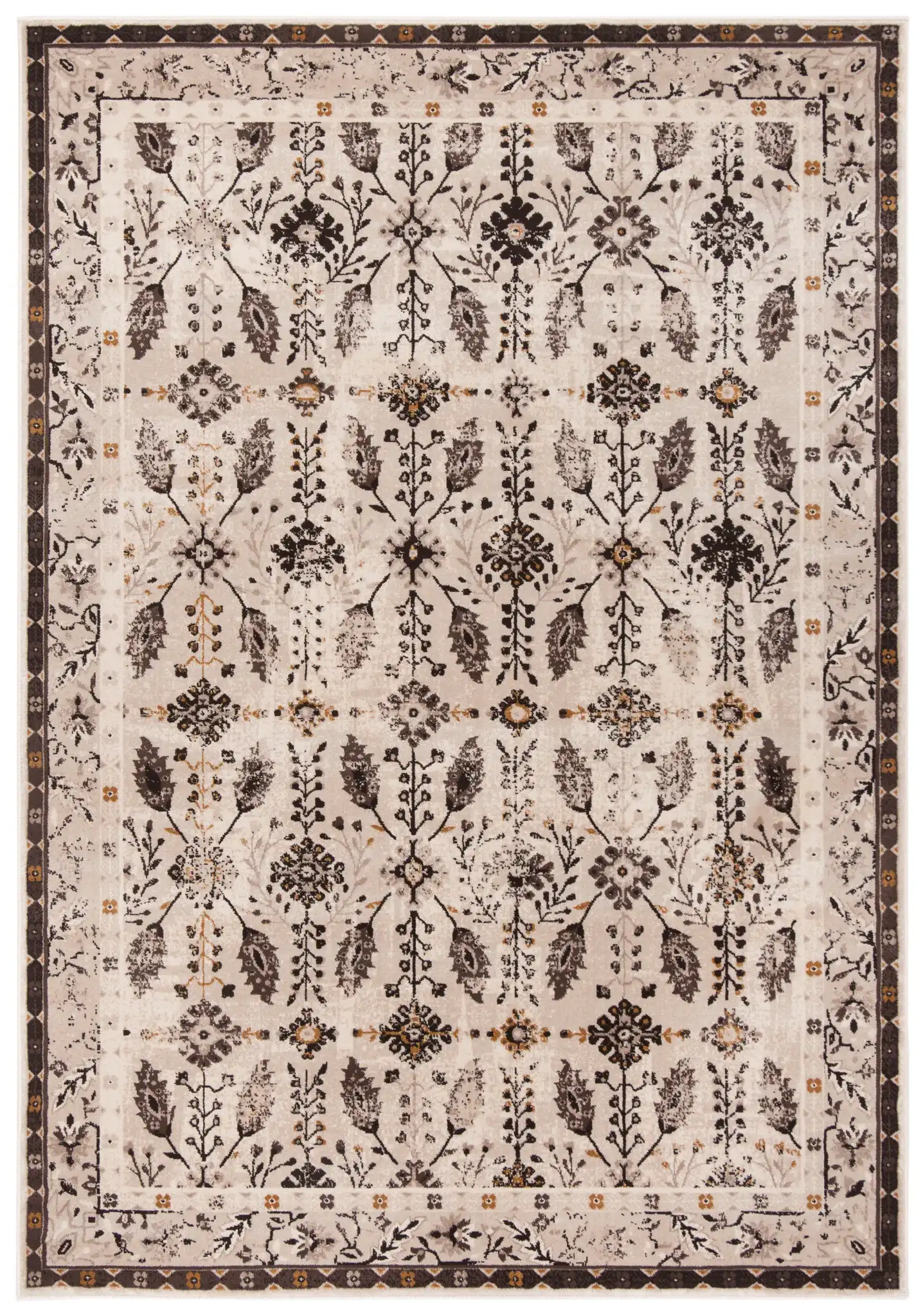 Serenity Botanical Grid Bordered Rug in Cream / Brown