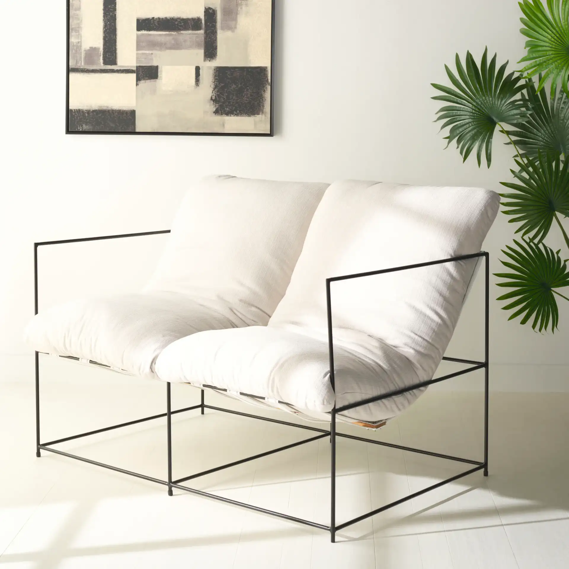 Portland Pillow Top Sofa in Ivory / Black in a styled room