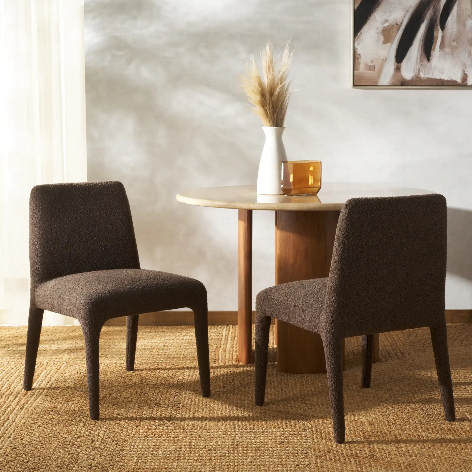 Derrick Boucle Dining Chair (Set Of 2) in Rusty Orange in a styled room
