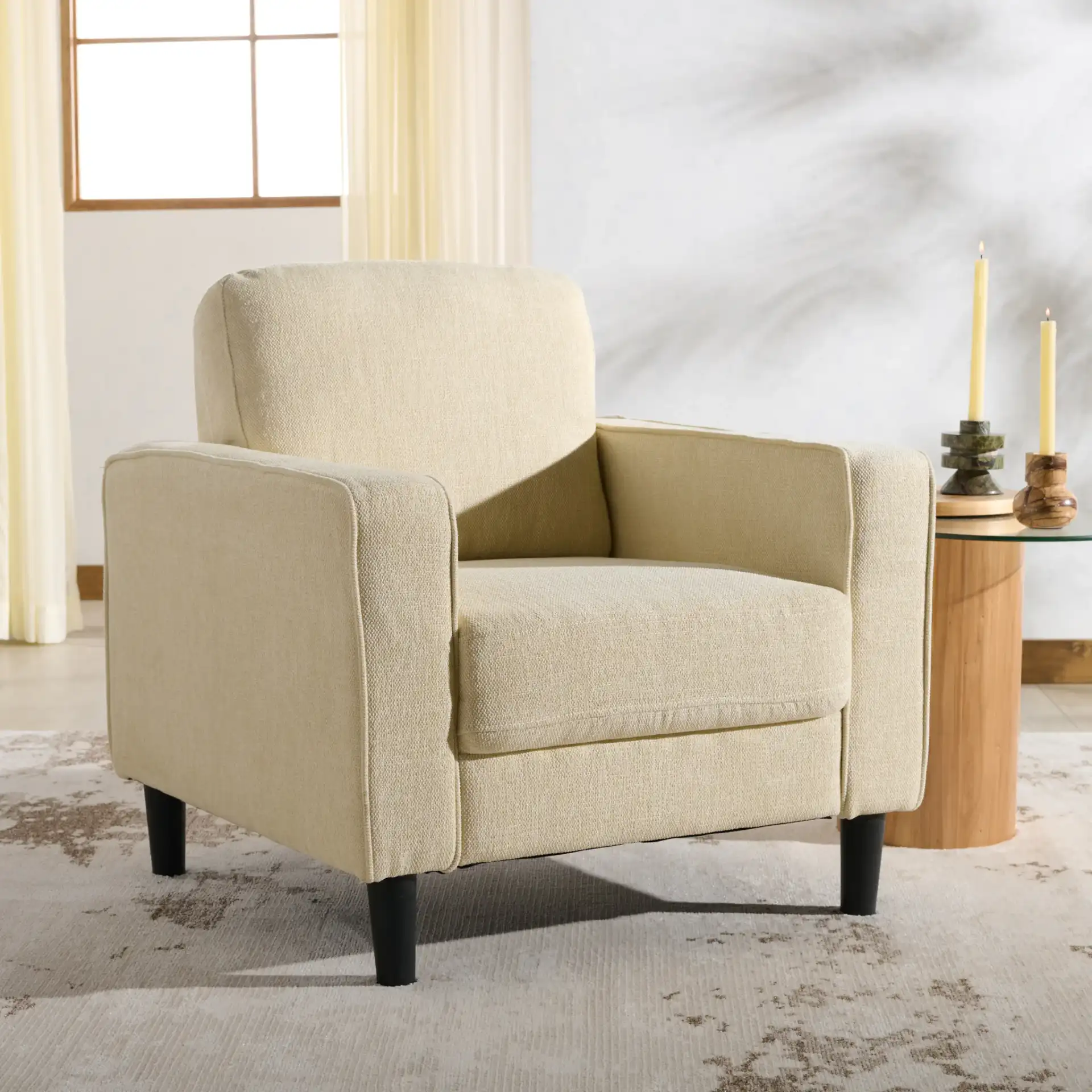 Felicianya Modern Accent Chair in Cream in a styled room