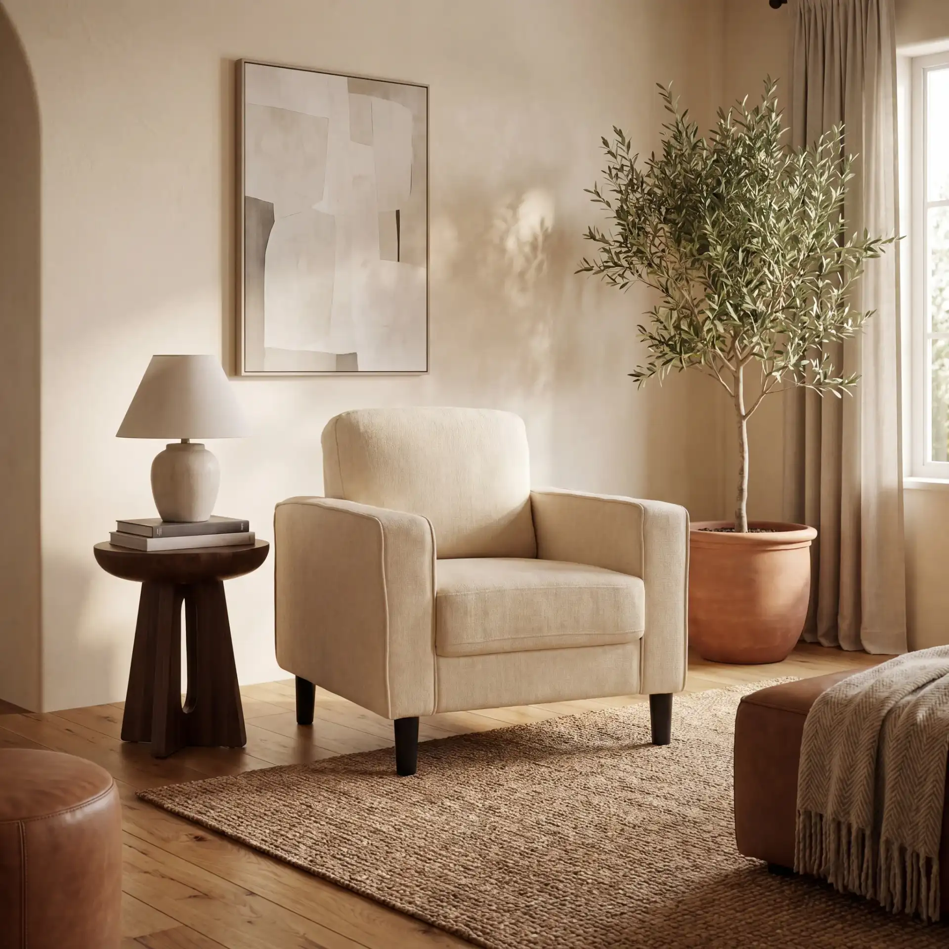 Felicianya Modern Accent Chair in Cream in a styled room