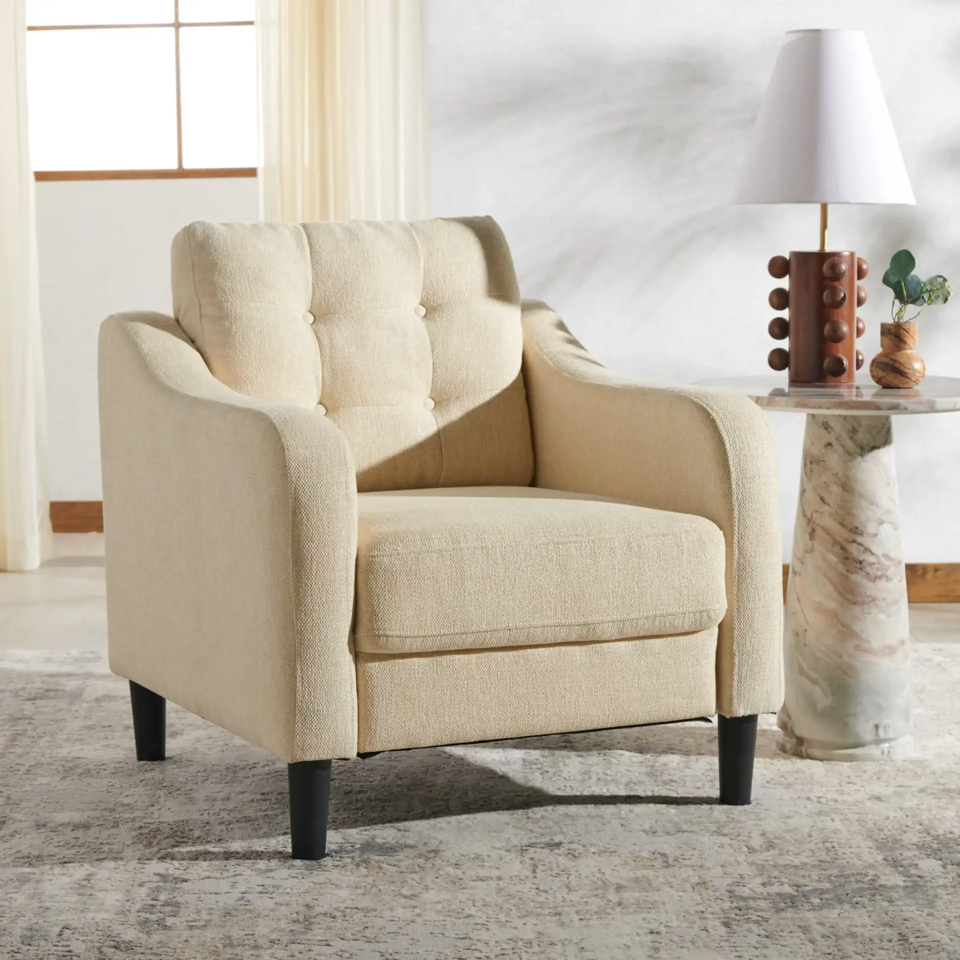 Nathaniel Tufted Back Accent Chair in Cream in a styled room
