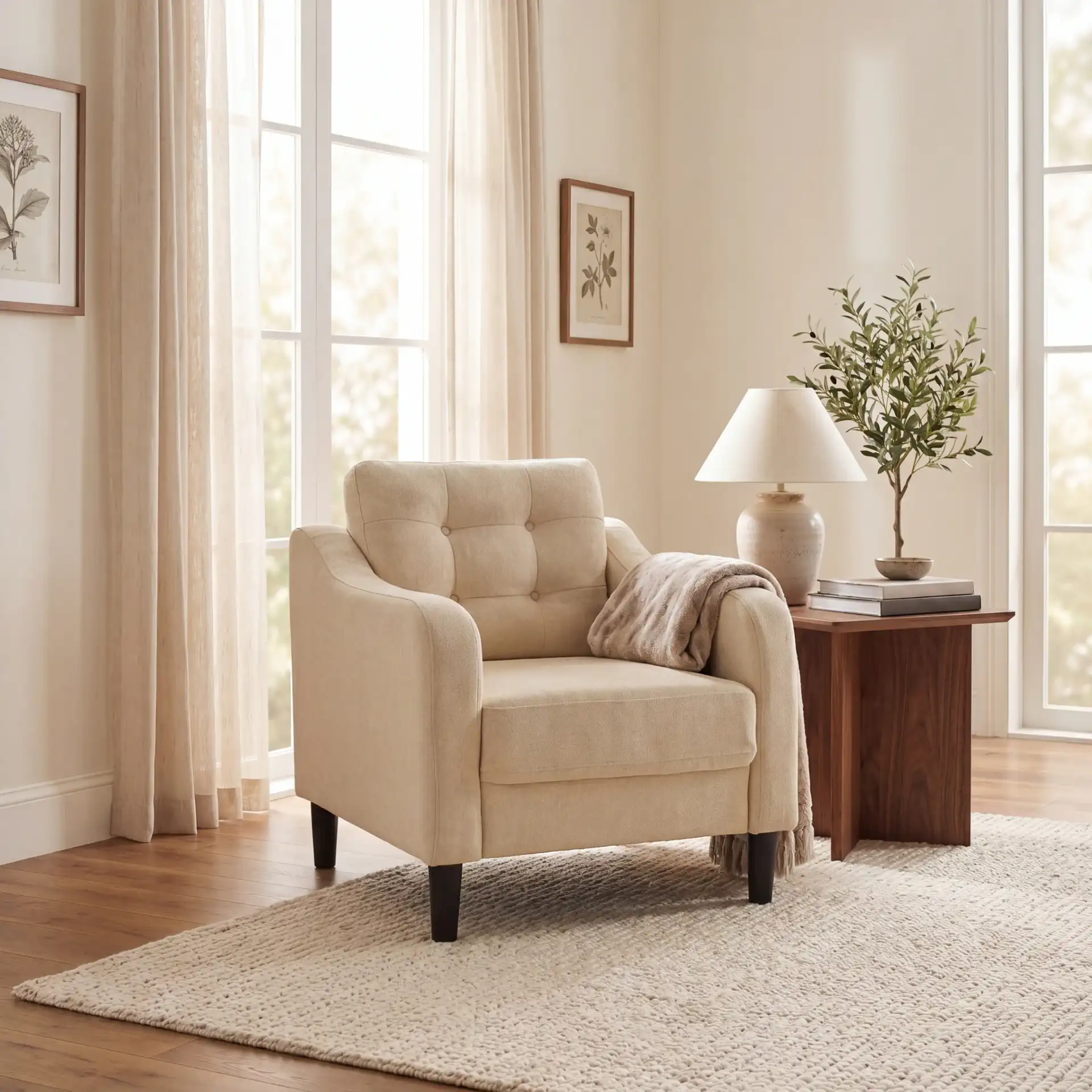 Nathaniel Tufted Back Accent Chair in Cream in a styled room