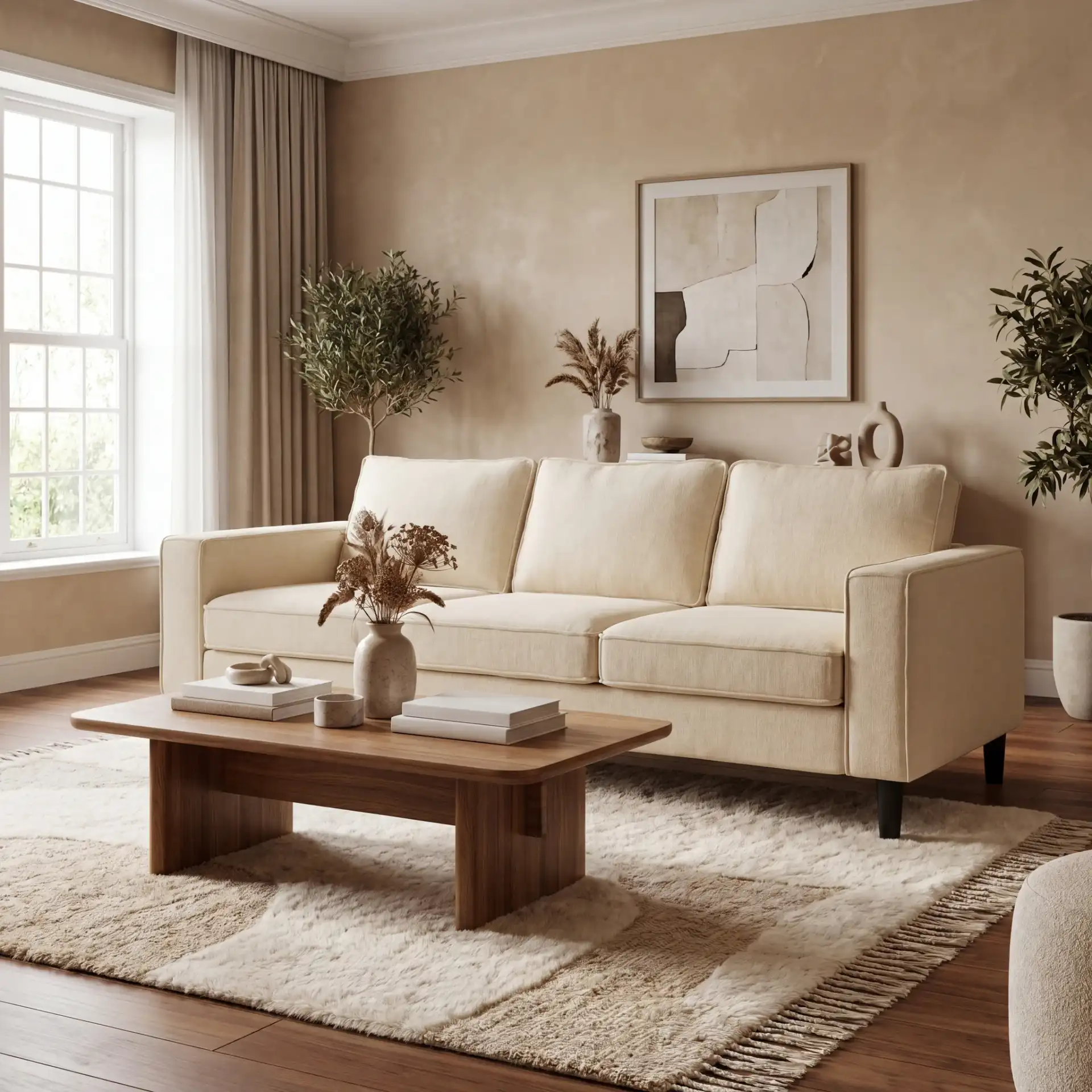 Kalyna Three-Seater Sofa in Cream in a styled room