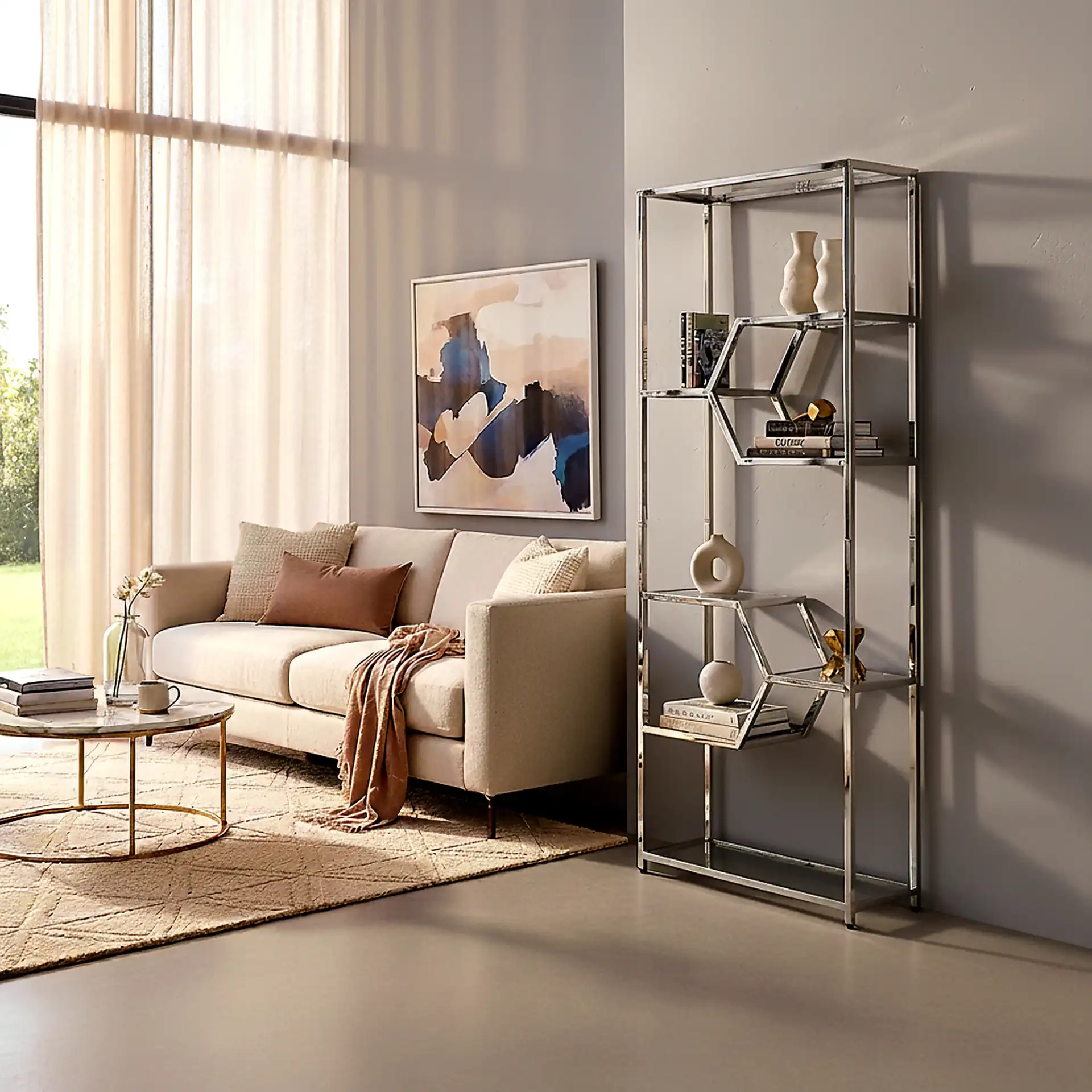 Benoit Chrome Bookcase in Chrome in a styled room
