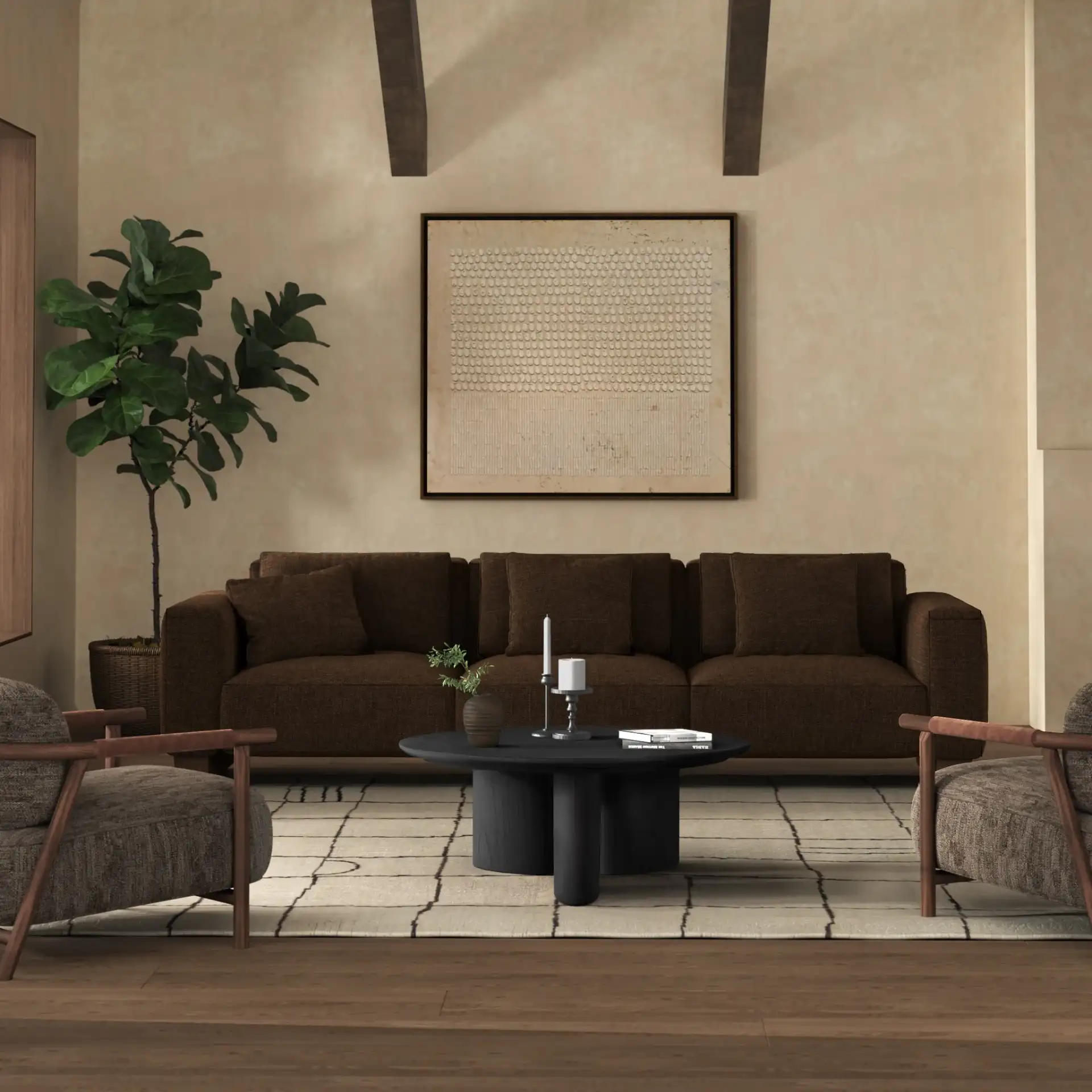 Barnard Round Wood Coffee Table in Black in a styled room