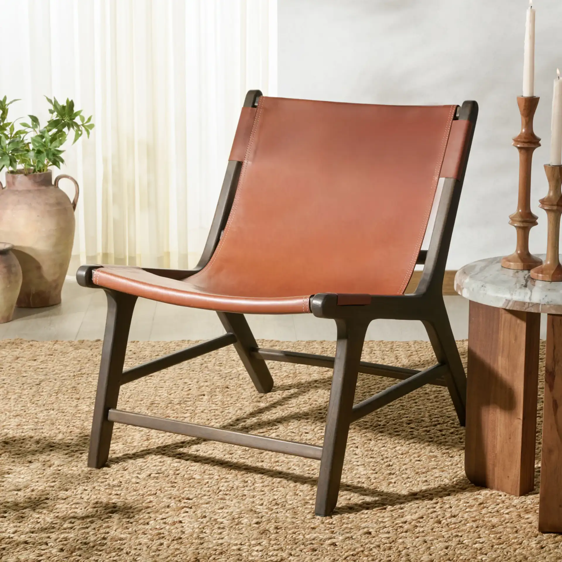 Alanarose Leather Accent Chair in Tan / Natural in a styled room