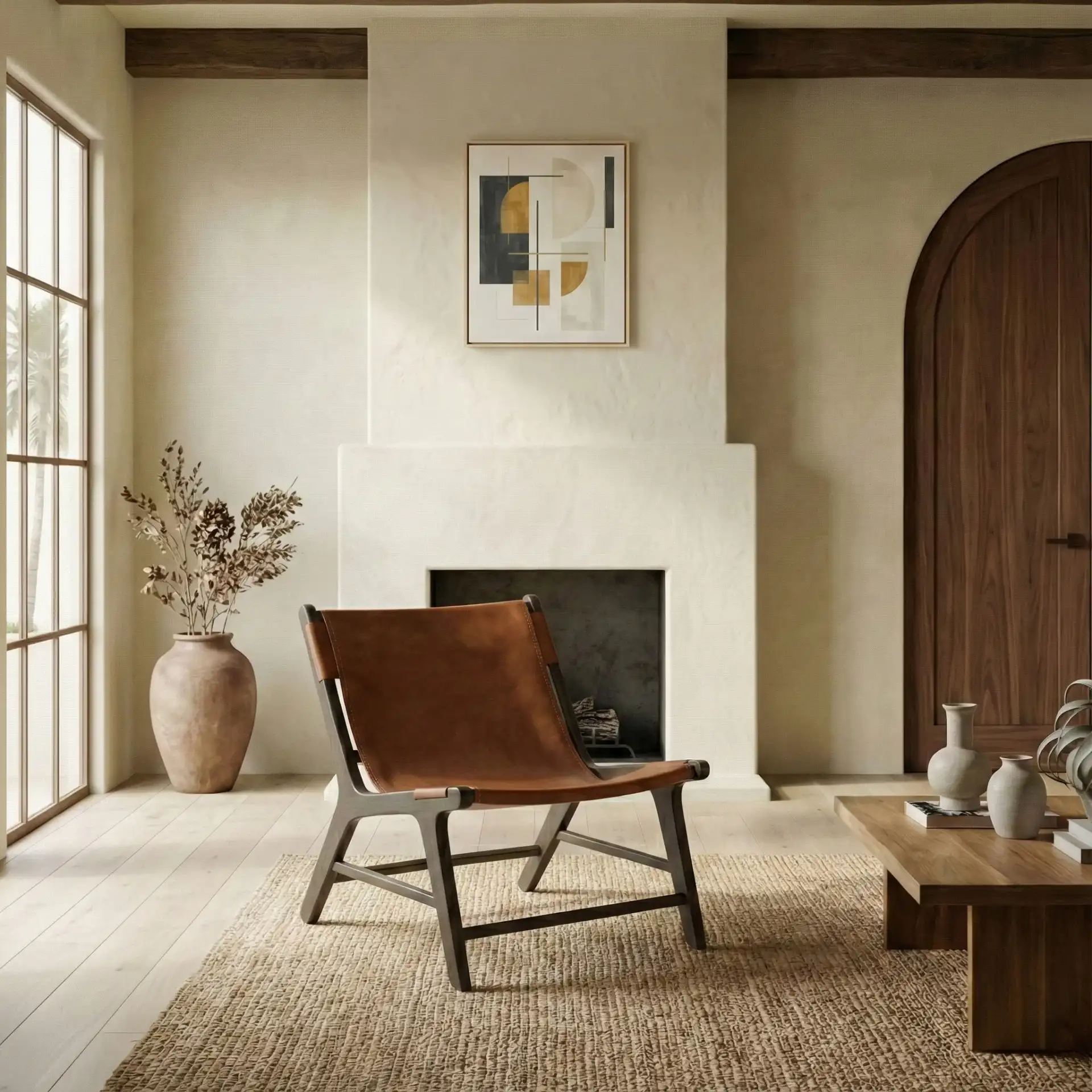 Alanarose Leather Accent Chair in Tan / Natural in a styled room