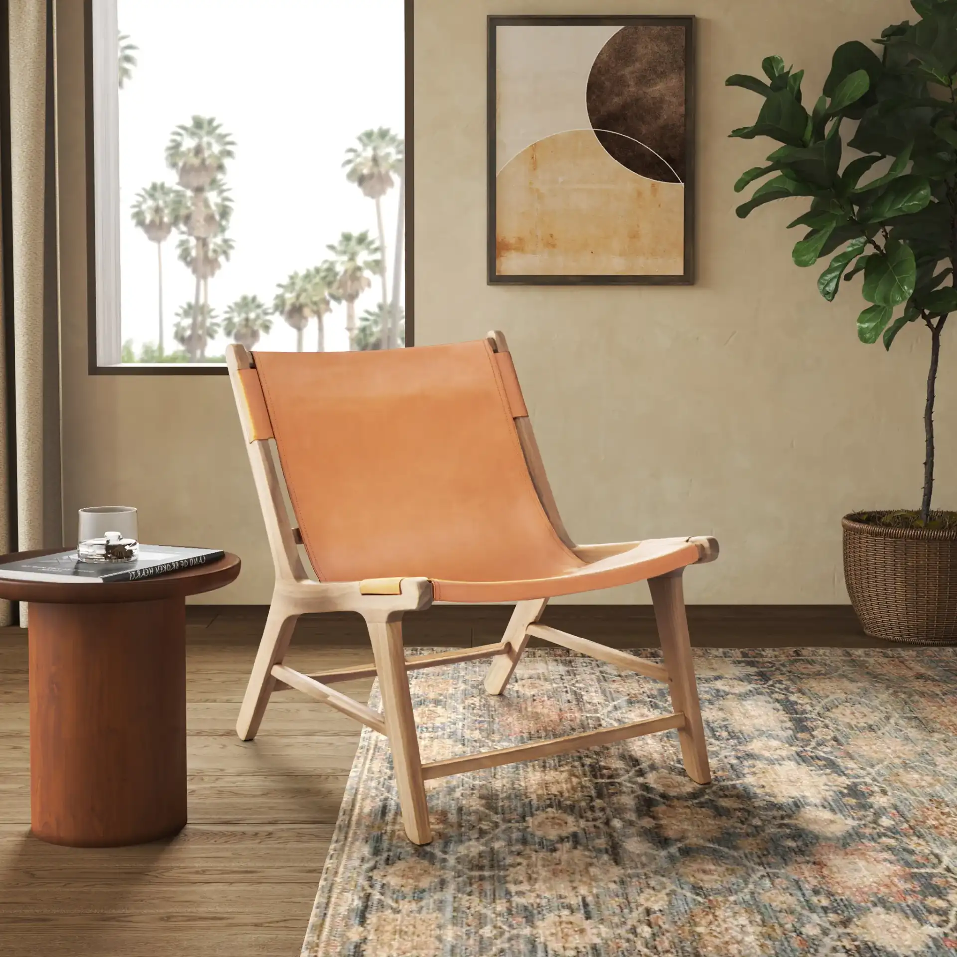 Alanarose Leather Accent Chair in Tan / Natural in a styled room