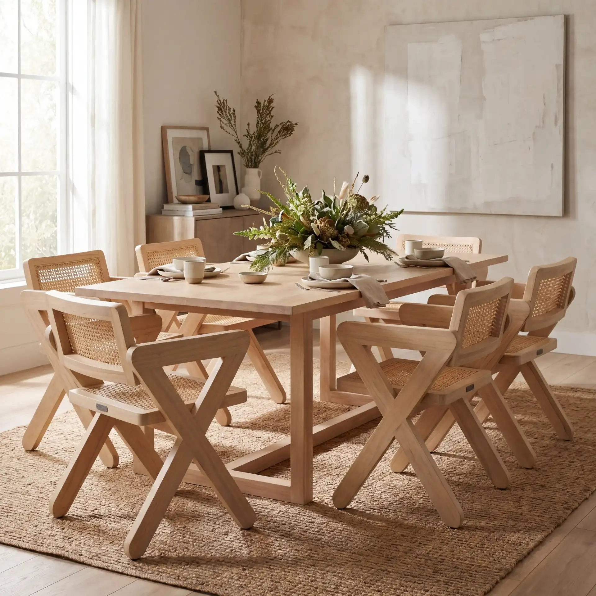 Tyrrell Rattan Dining Chair in Natural in a styled room