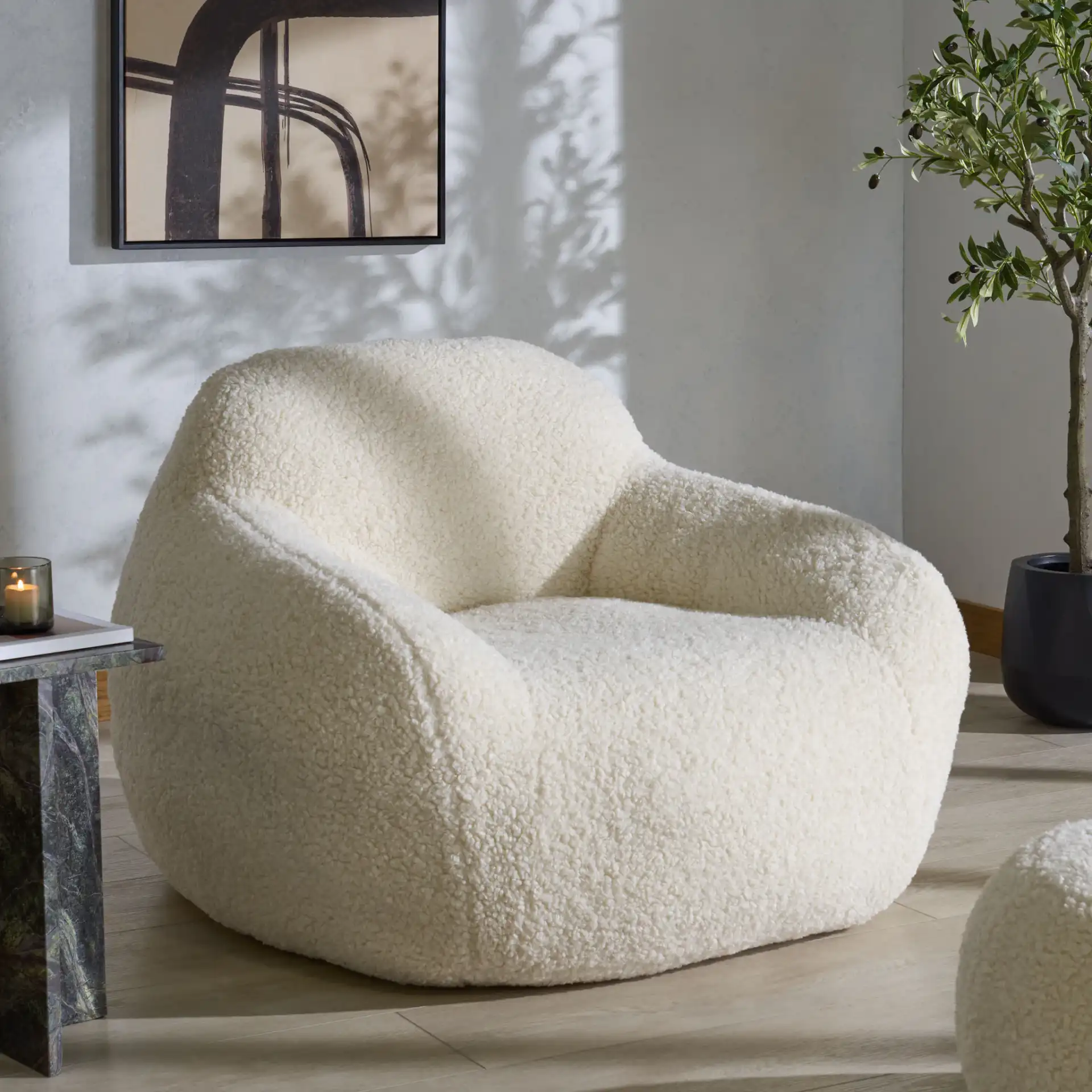 Lorianna Bean Bag Chair in White in a styled room