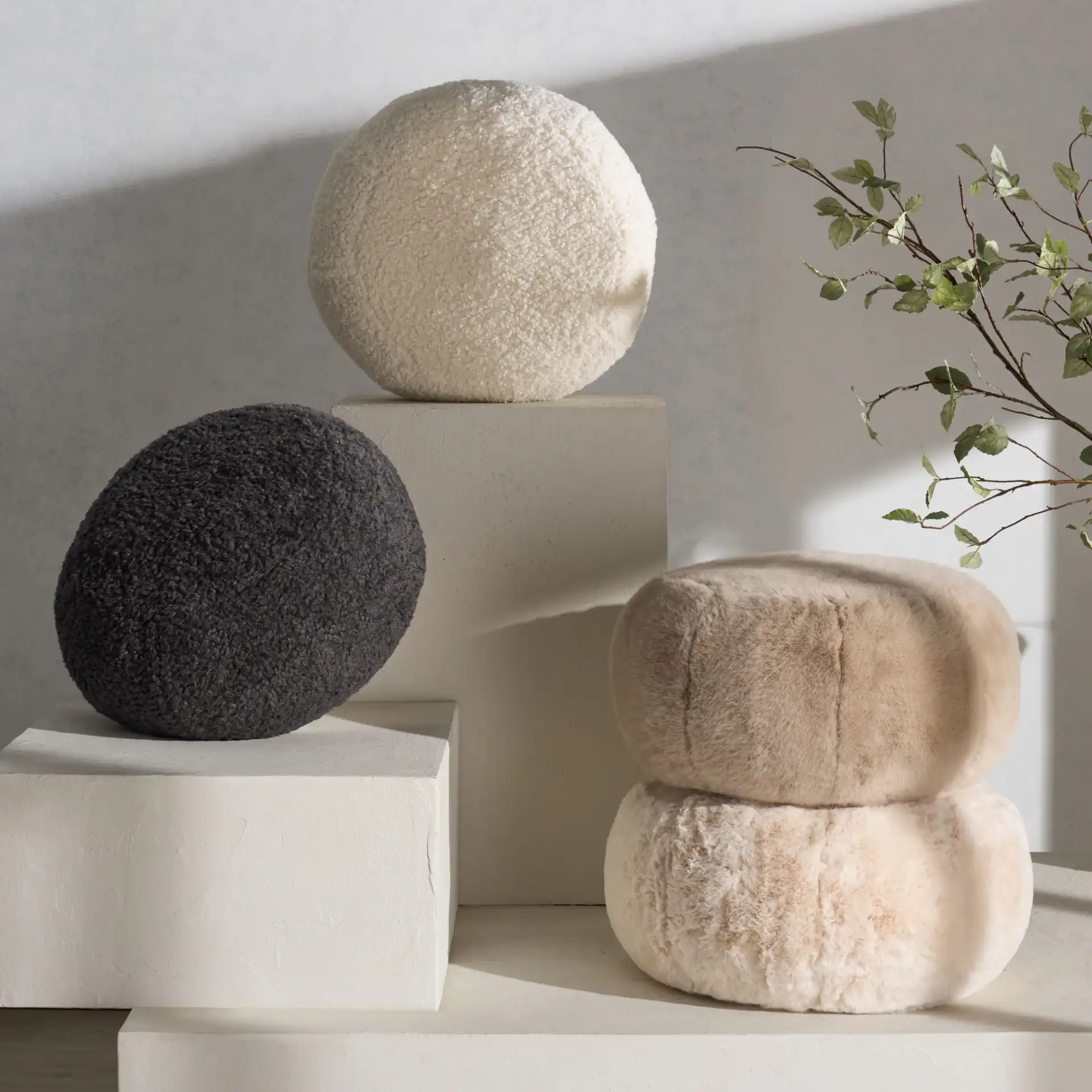 Gracelina Round Pouf in Cream, detail view