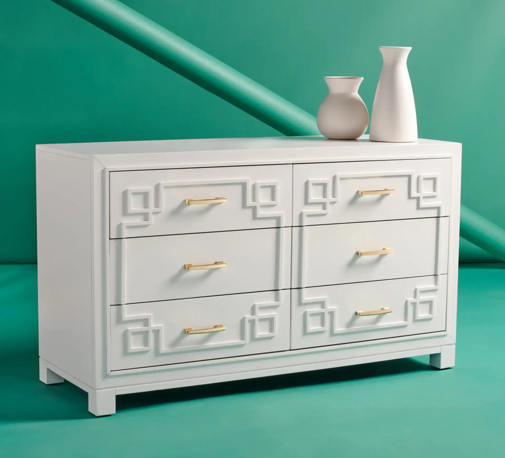 Raina Six-Drawer Dresser in Gray / Silver in a styled room