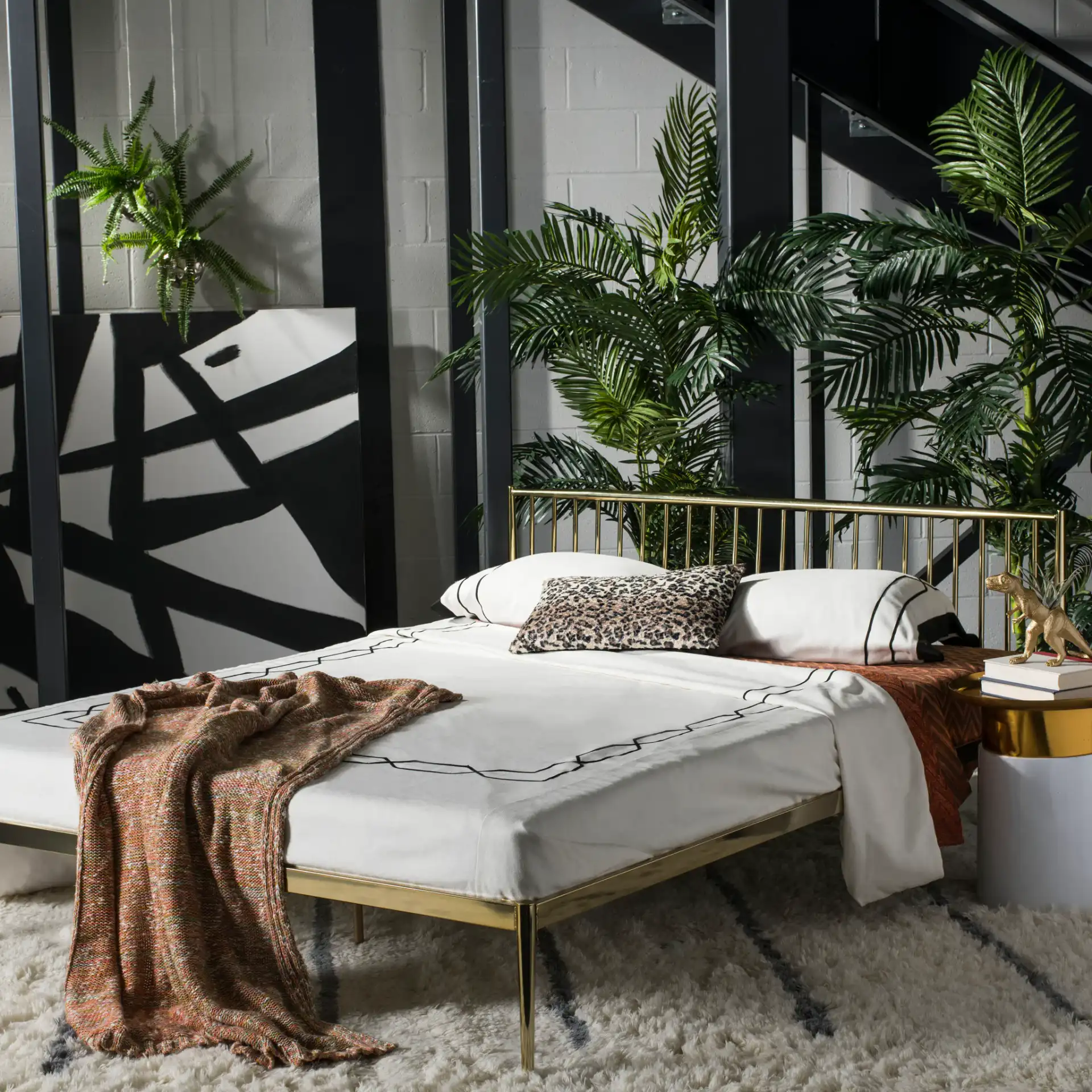 Eliza Metal Bed in Gold in a styled room