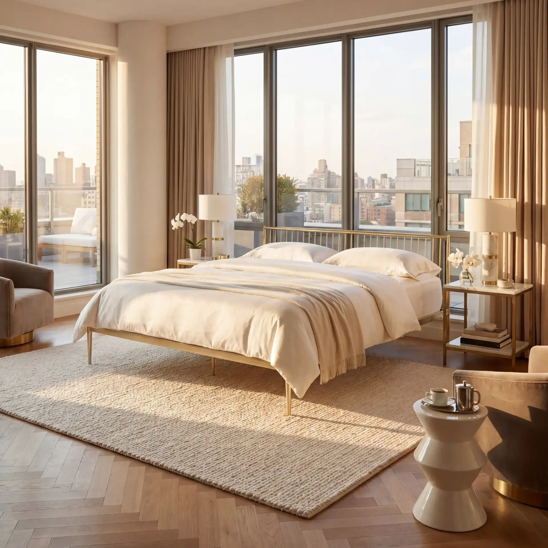 Eliza Metal Bed in Gold in a styled room