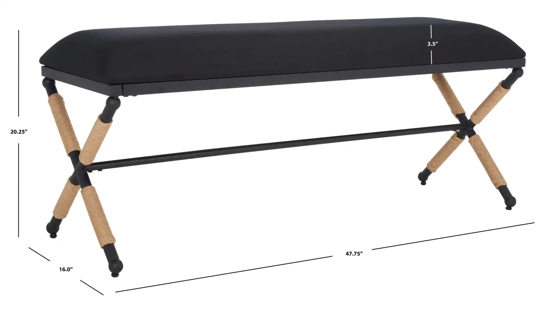 Carmelo Hemp Wrapped Bench in Black, detail view