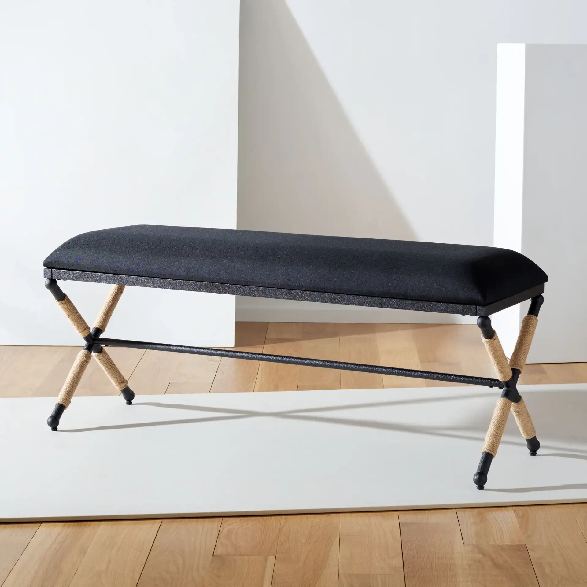Carmelo Hemp Wrapped Bench in Black in a styled room