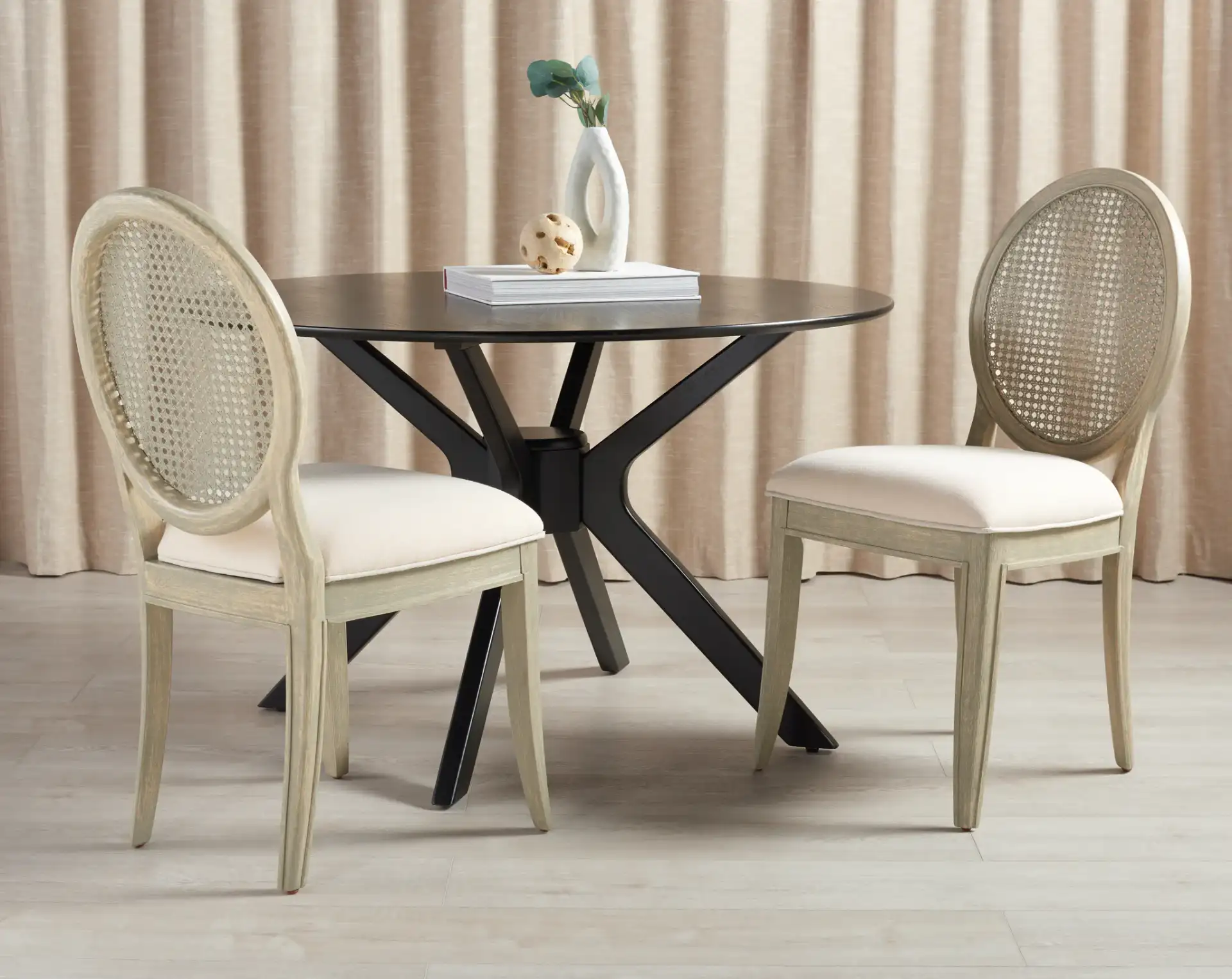 Karlee Rattan Back Dining Chair (Set of 2) in Rustic Gray / Beige in a styled room
