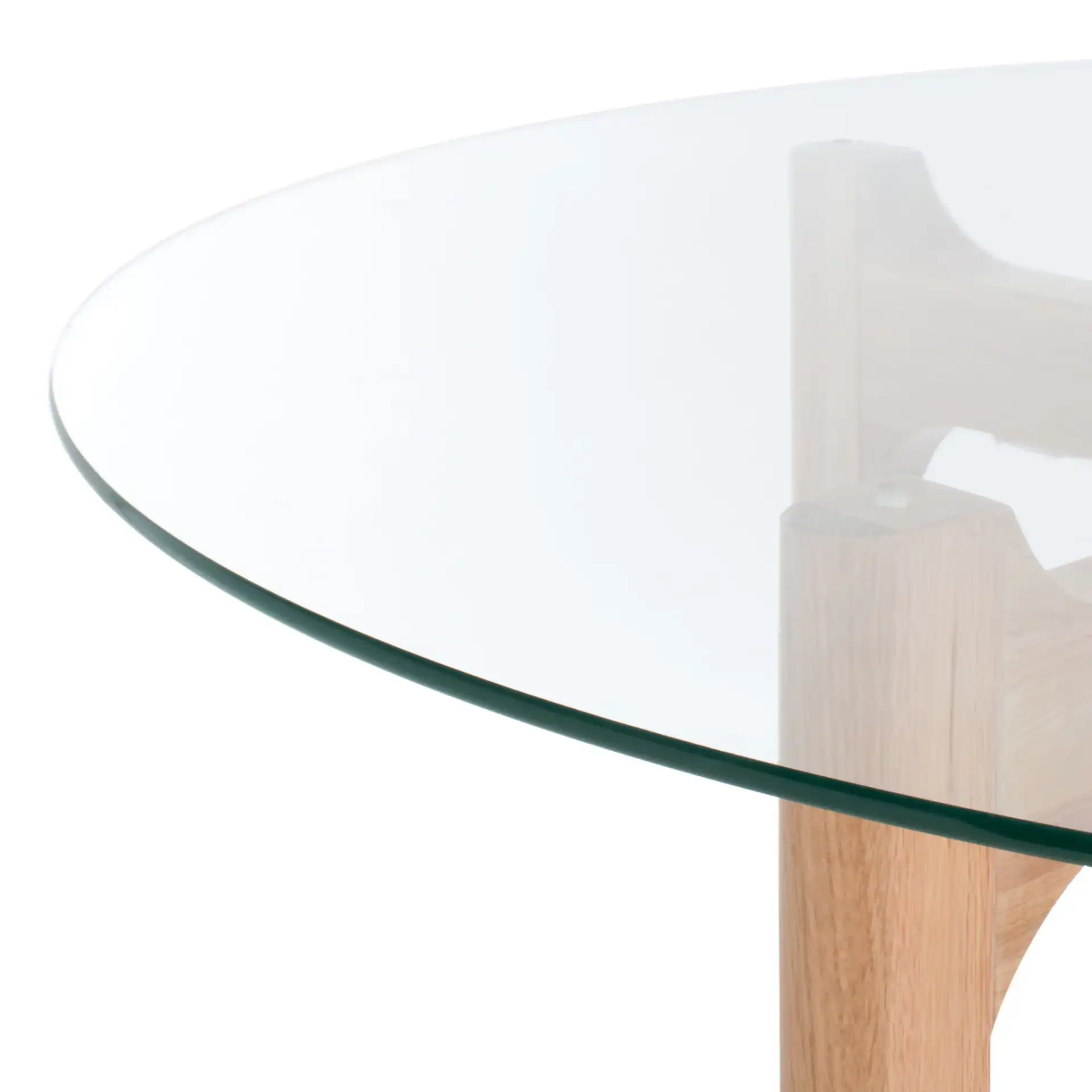 Ruthanne Round Glass Dining Table in Clear / Oak in a styled room
