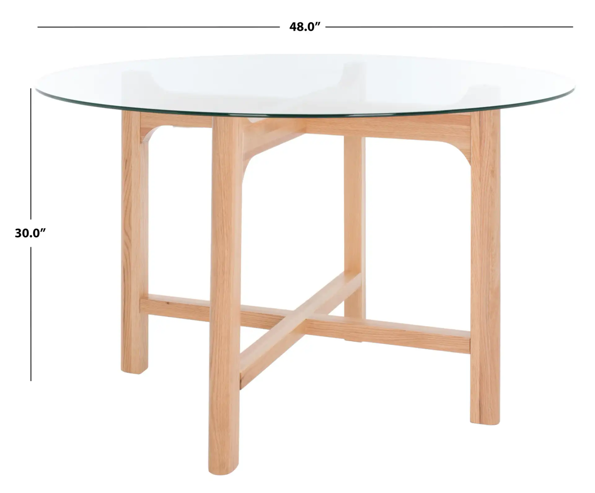 Ruthanne Round Glass Dining Table in Clear / Oak, detail view
