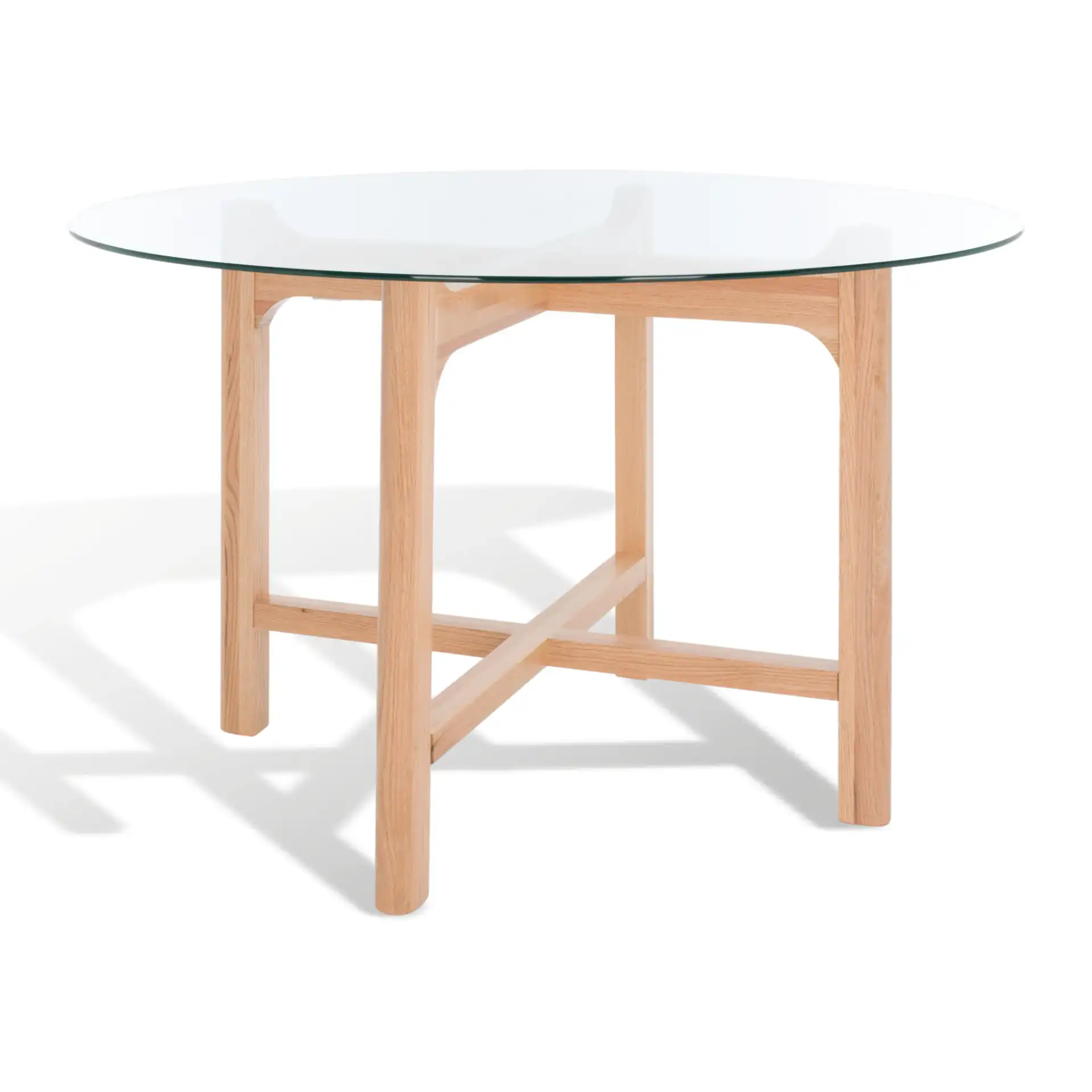 Ruthanne Round Glass Dining Table in Clear / Oak, detail view