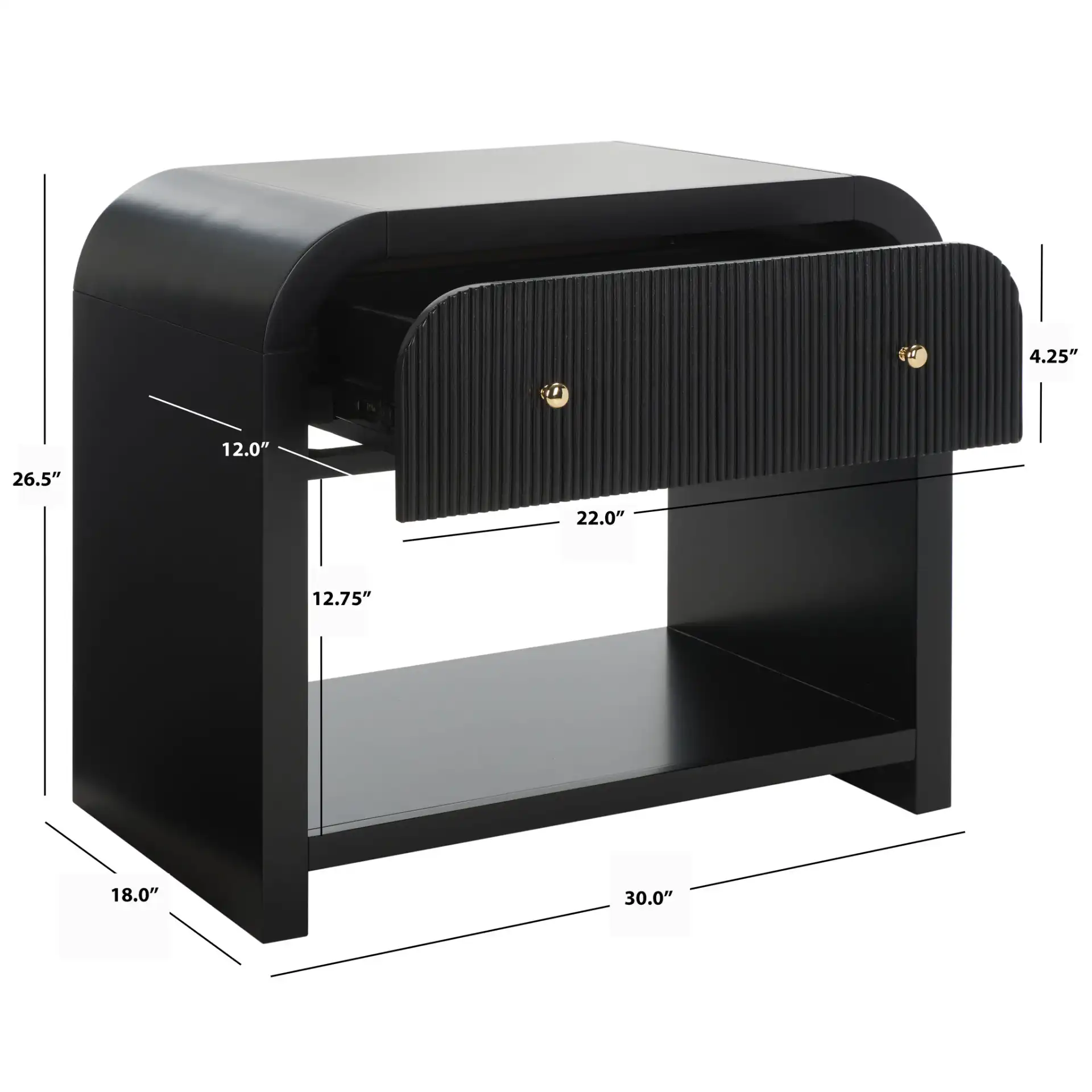 Liabella One-Drawer Curved Nightstand in Black / Gold, detail view