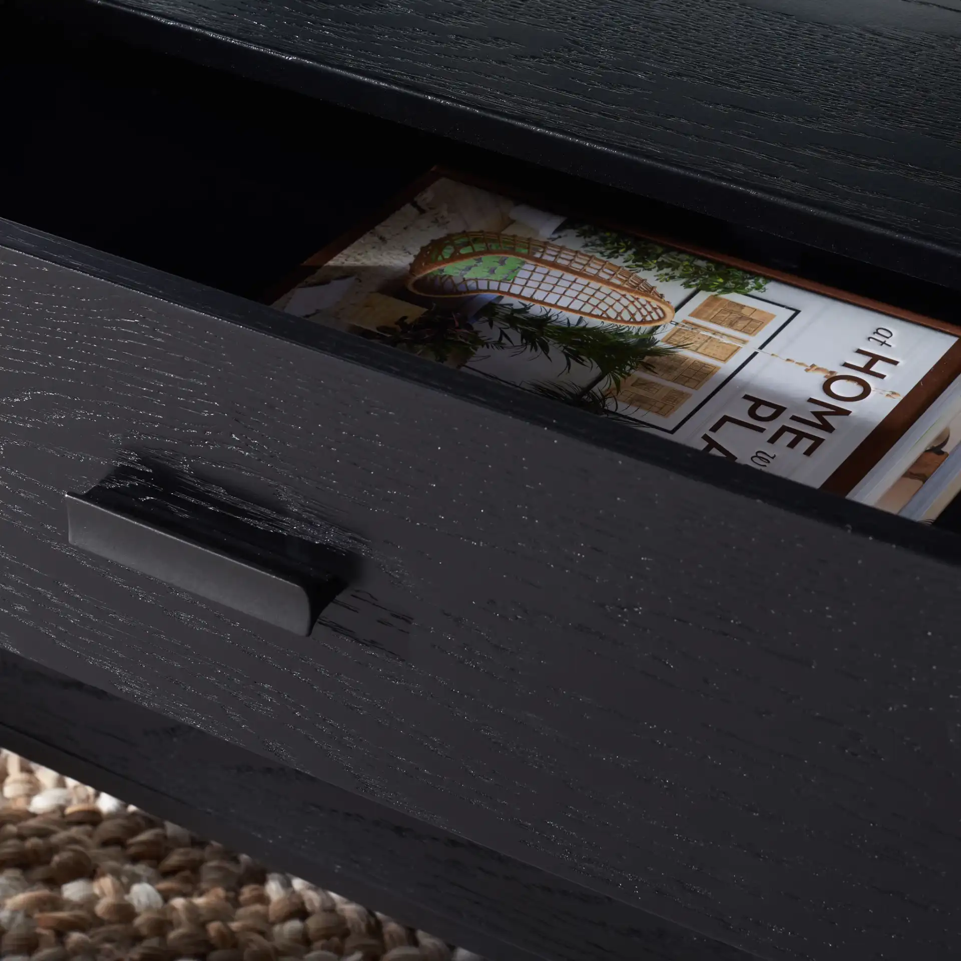 Jaylessa Wood Nightstand in Black in a styled room