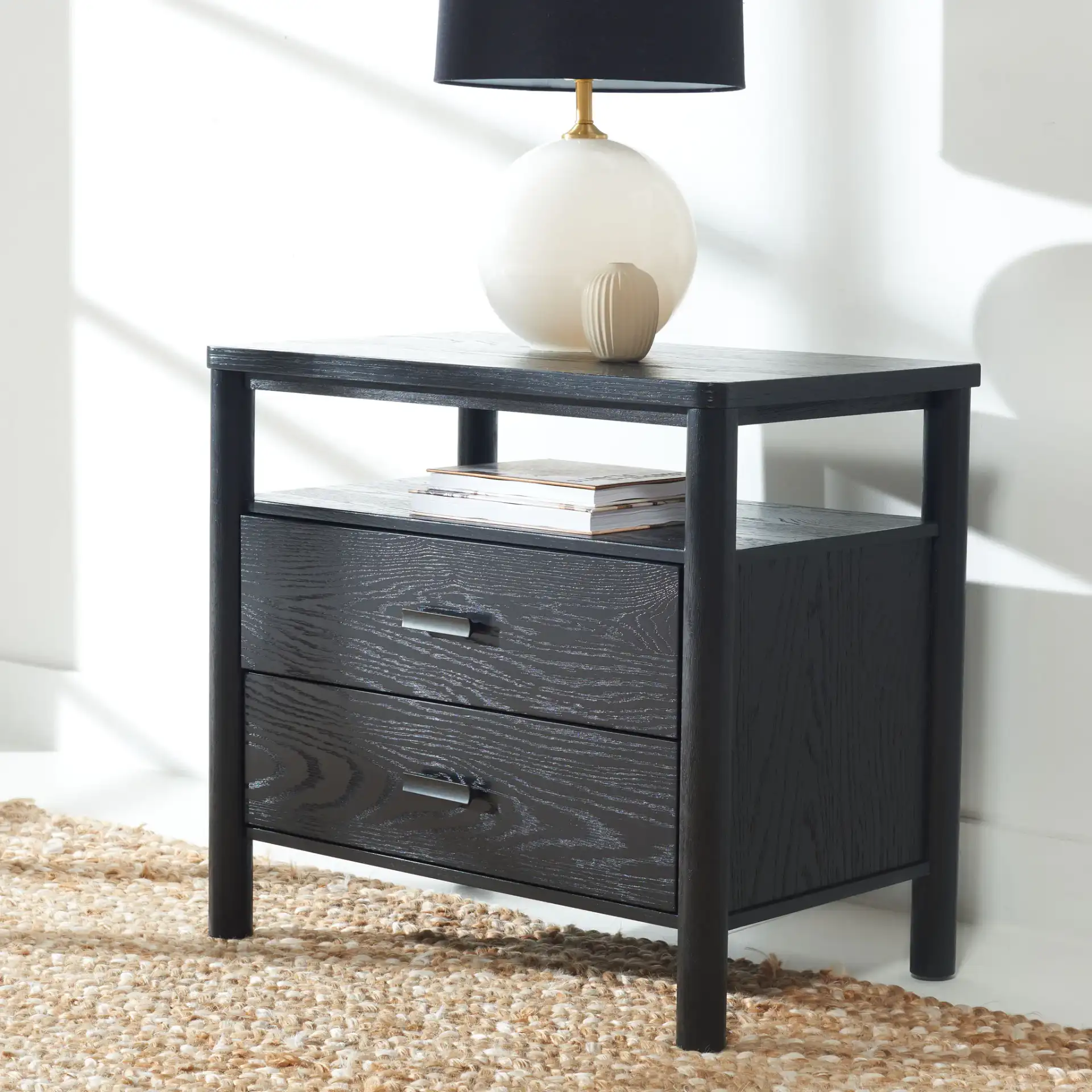 Jaylessa Wood Nightstand in Black in a styled room