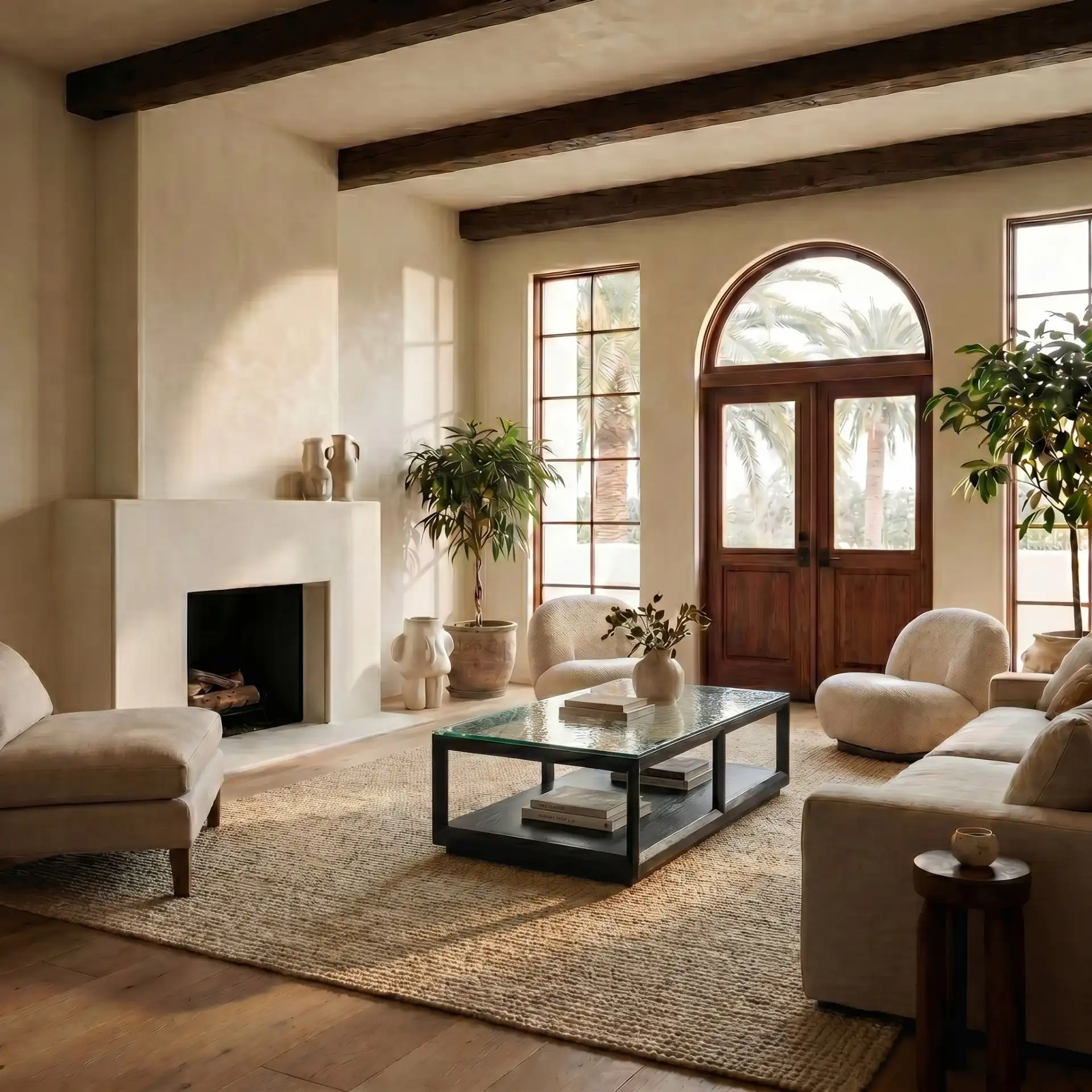 Benecarlo Glass Top Coffee Table in Black / Clear in a styled room