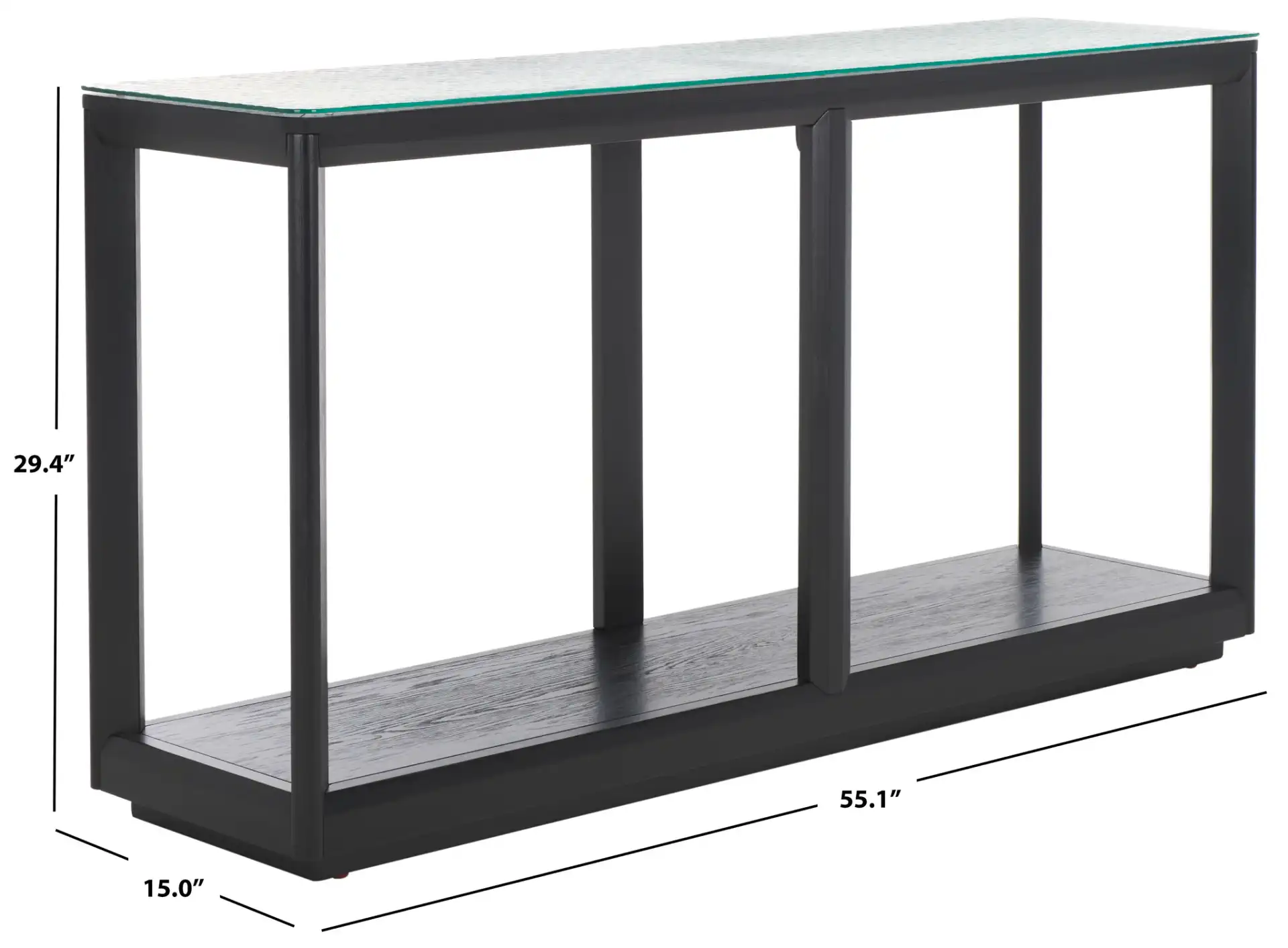 Benecarlo Glass Top Console Table in Black / Clear, detail view