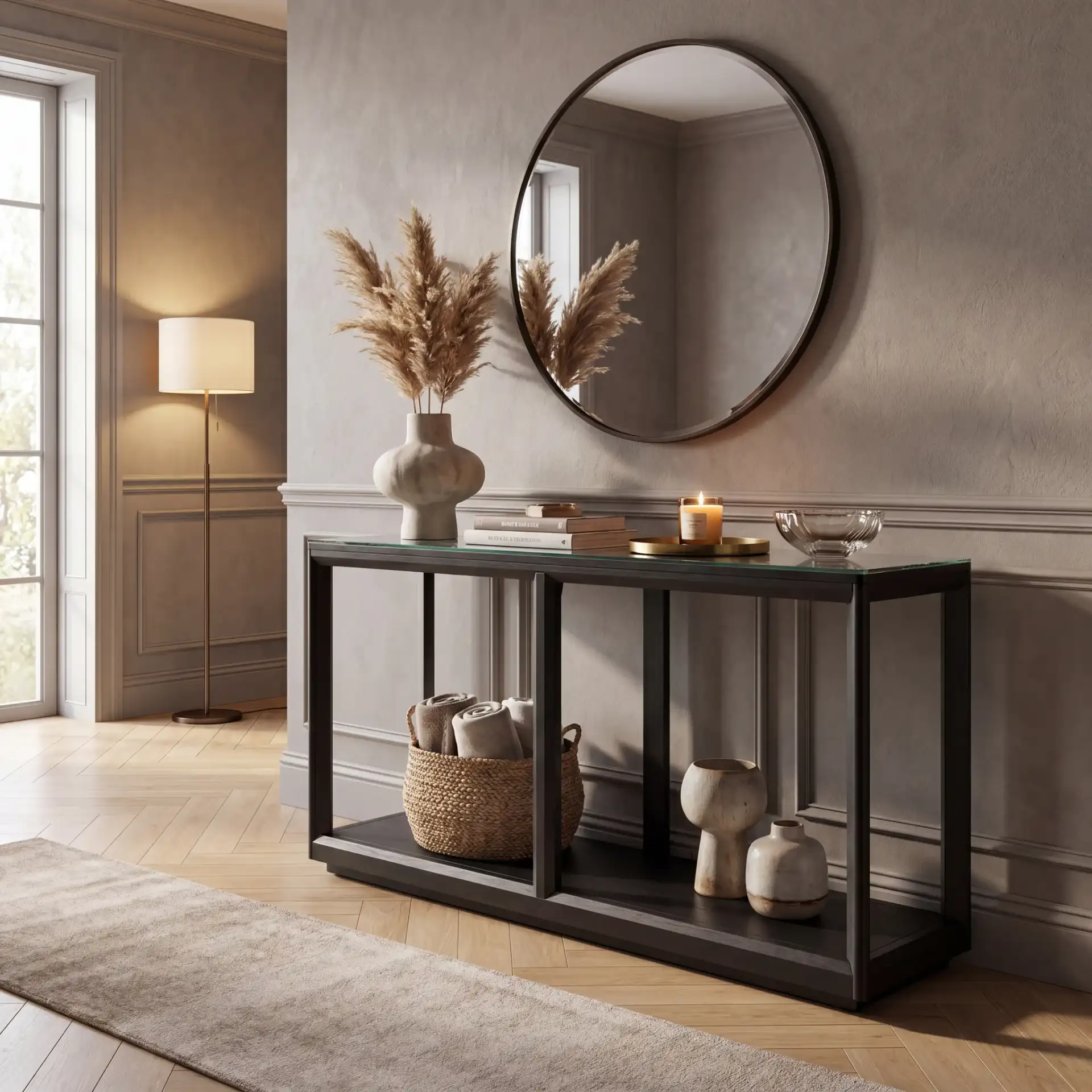 Benecarlo Glass Top Console Table in Black / Clear in a styled room