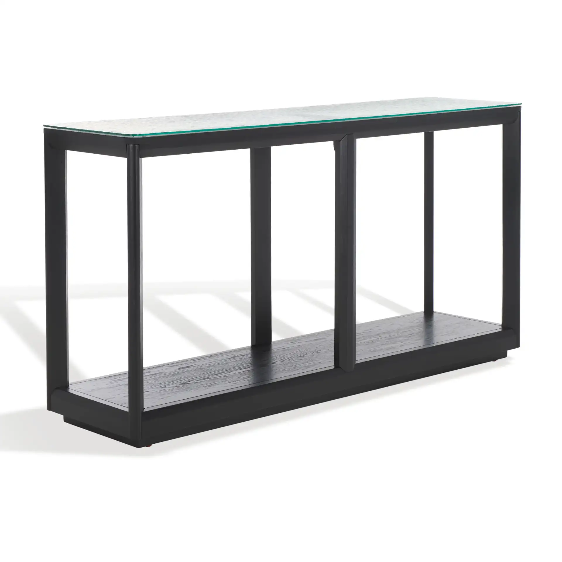 Benecarlo Glass Top Console Table in Black / Clear, detail view